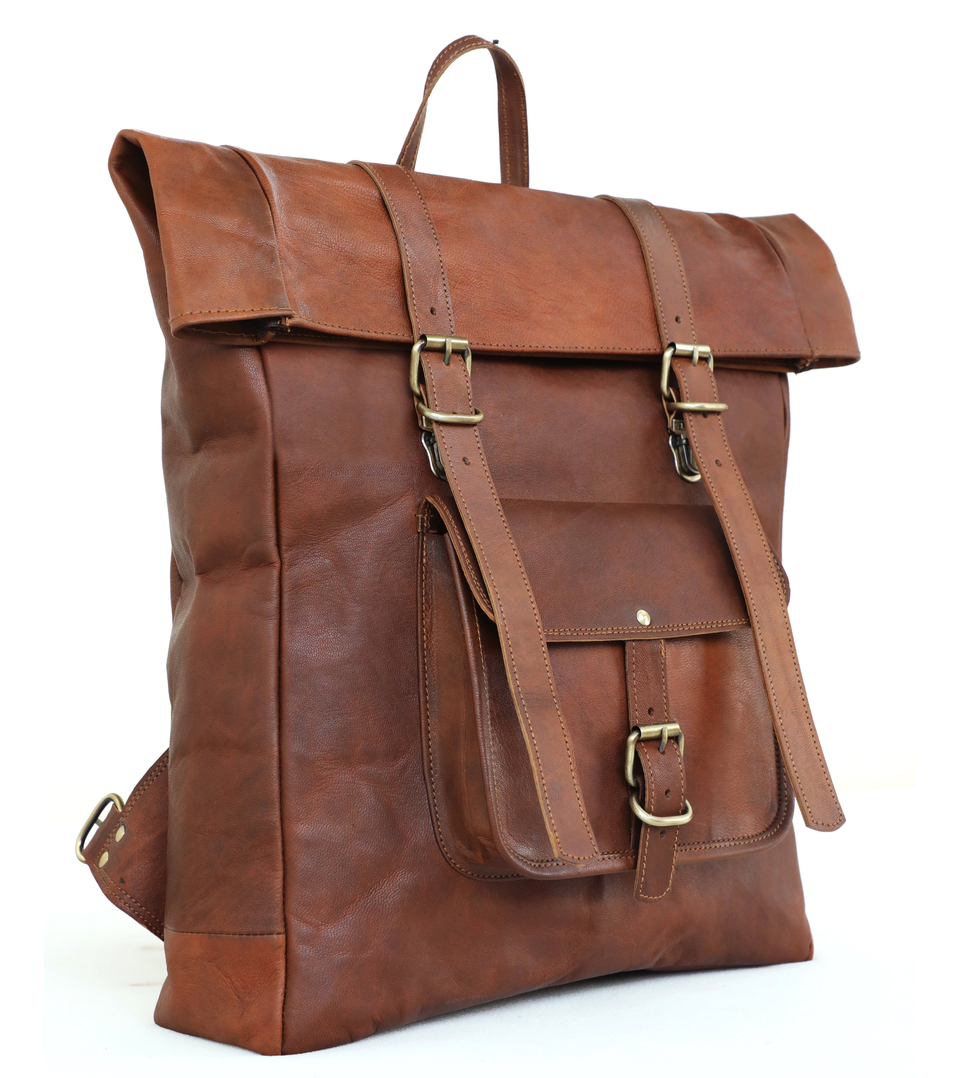 DEKVIO 20" Roll-Top Leather Backpack | Handcrafted Genuine Leather Laptop Rucksack for Men & Women | Travel, Work & College Bag | Brown, Coffee, Tan, Black