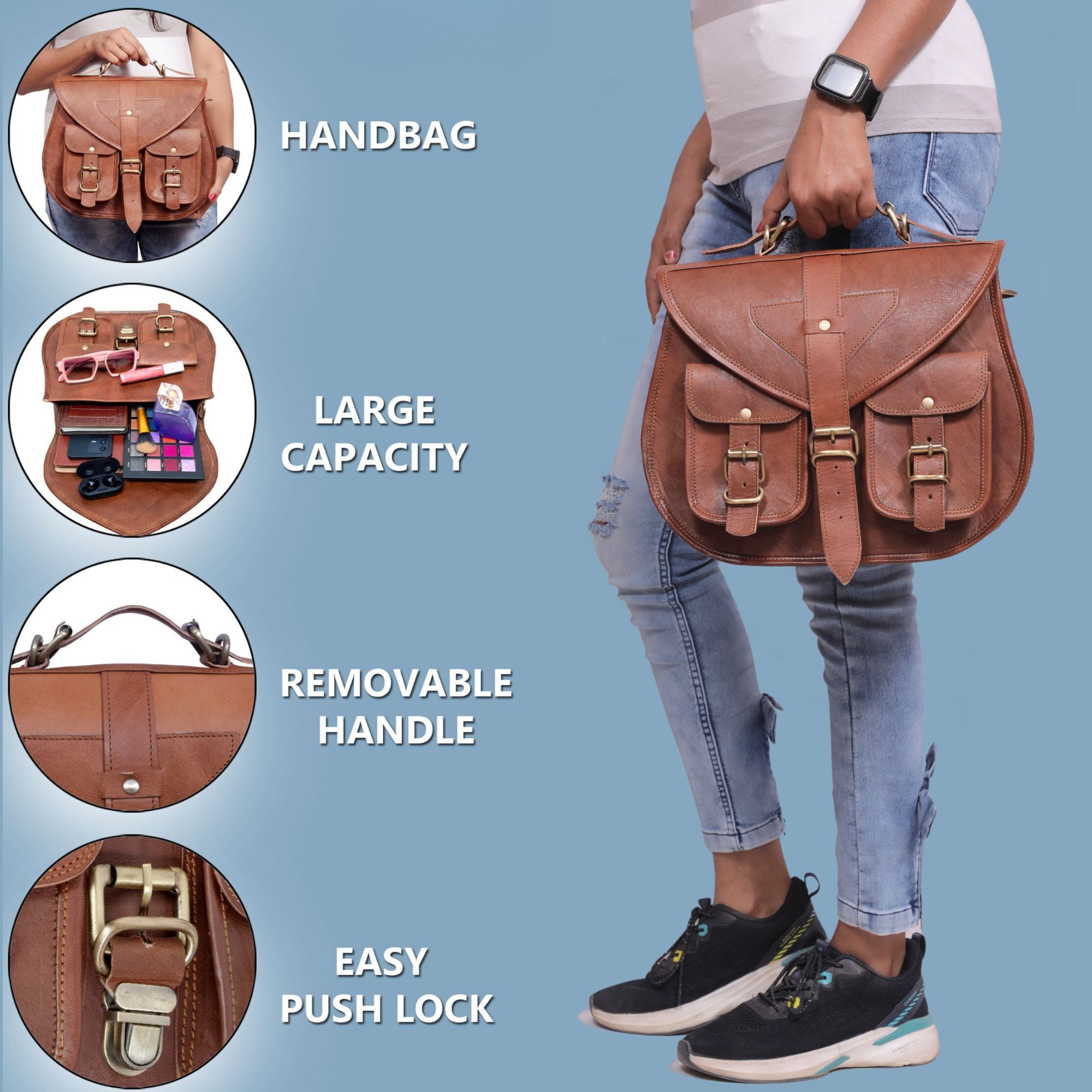 DEKVIO Large Leather Crossbody Handbag Purse for Women | Twin Pocket Full Grain Leather Saddle Bag | Removable Handle | Fits 12" Tablet | Brown, Coffee, Tan, Black