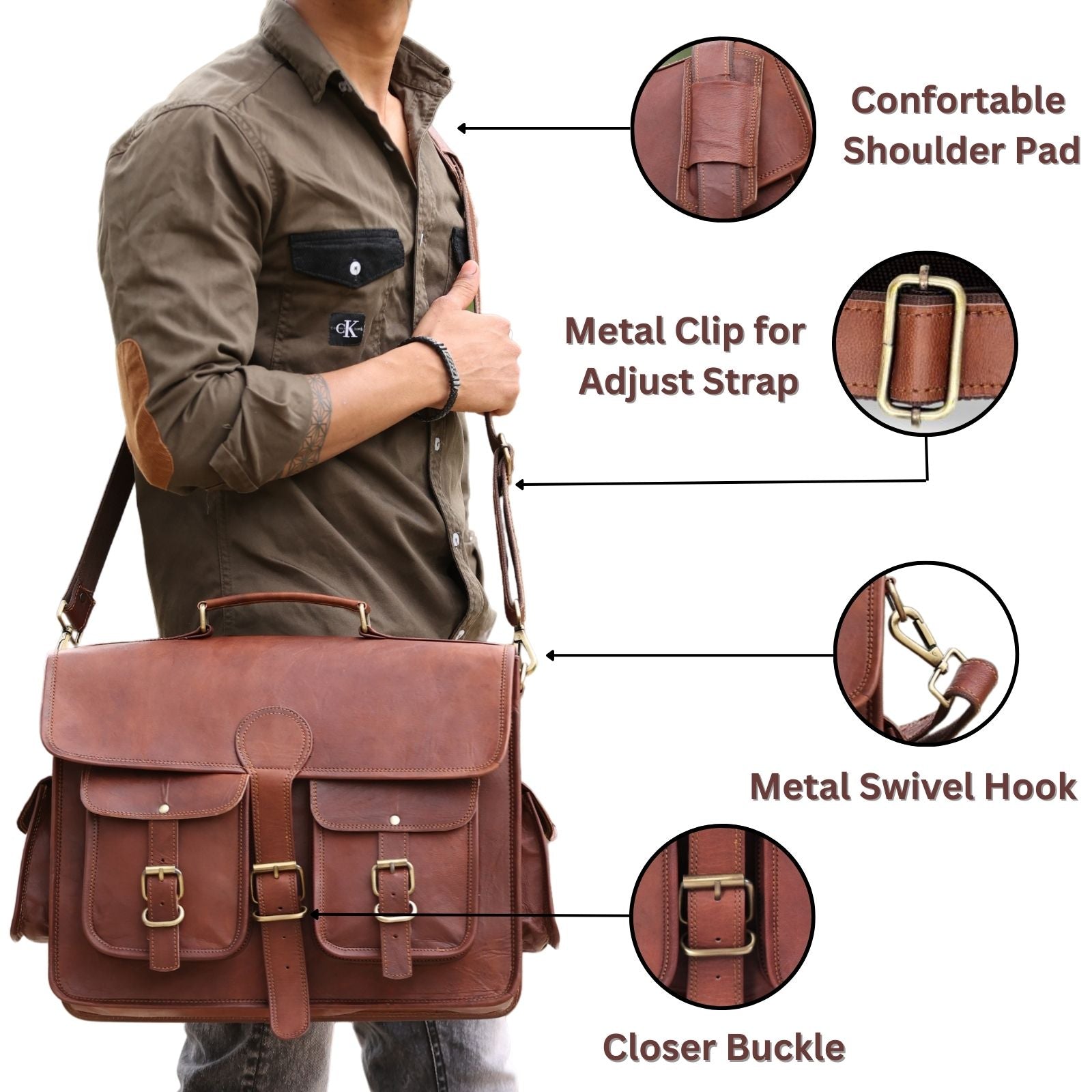 DEKVIO Leather Messenger Bag 17 Inch Laptop Briefcase for Men Women XL Vintage Shoulder Bag Office Satchel