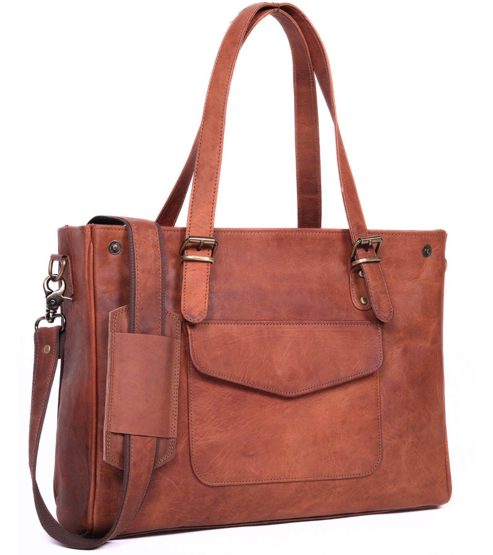 DEKVIO Leather Laptop Tote Bag for Women 15.6 Inch Shoulder Handbag Genuine Leather Work Bag Office Purse with Crossbody Strap