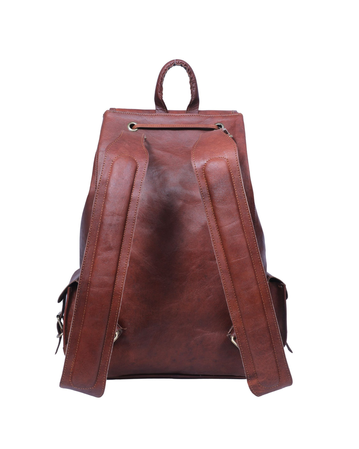 Back view of DEKVIO 20 inch leather backpack showing reinforced adjustable padded shoulder straps