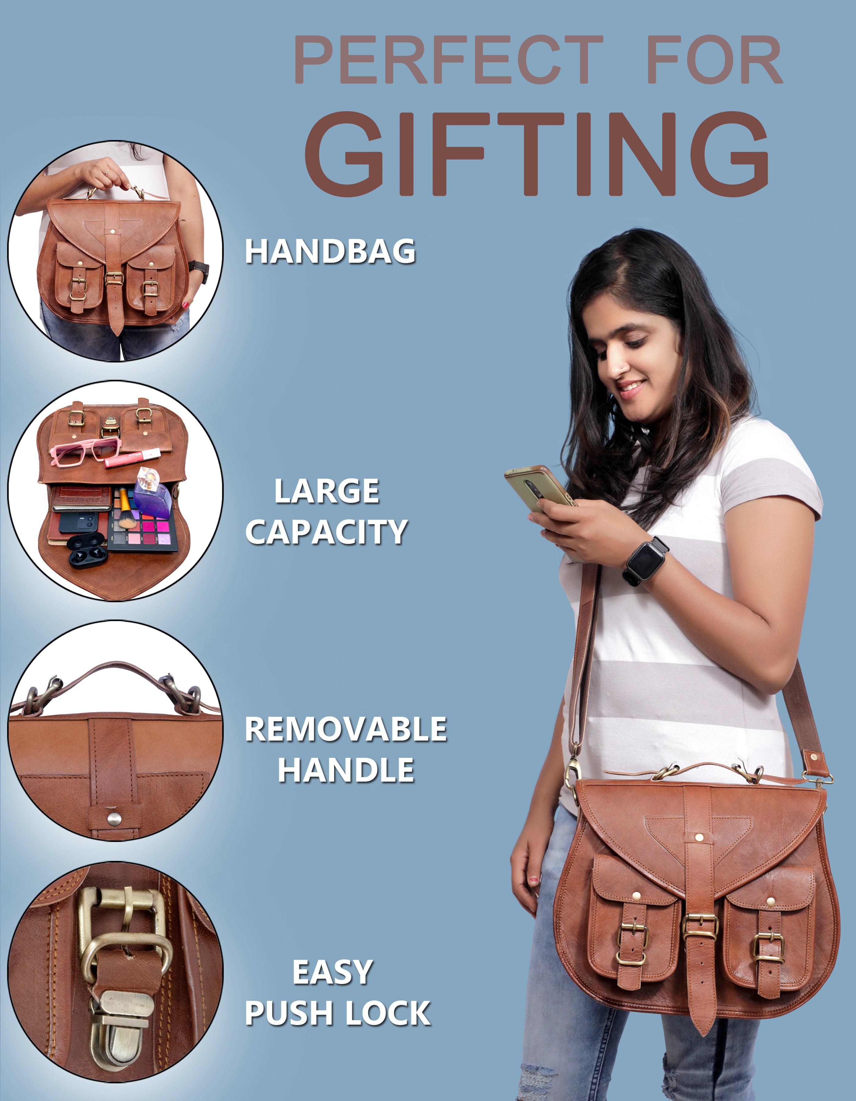 DEKVIO Large Leather Crossbody Handbag Purse for Women | Twin Pocket Full Grain Leather Saddle Bag | Removable Handle | Fits 12" Tablet | Brown, Coffee, Tan, Black