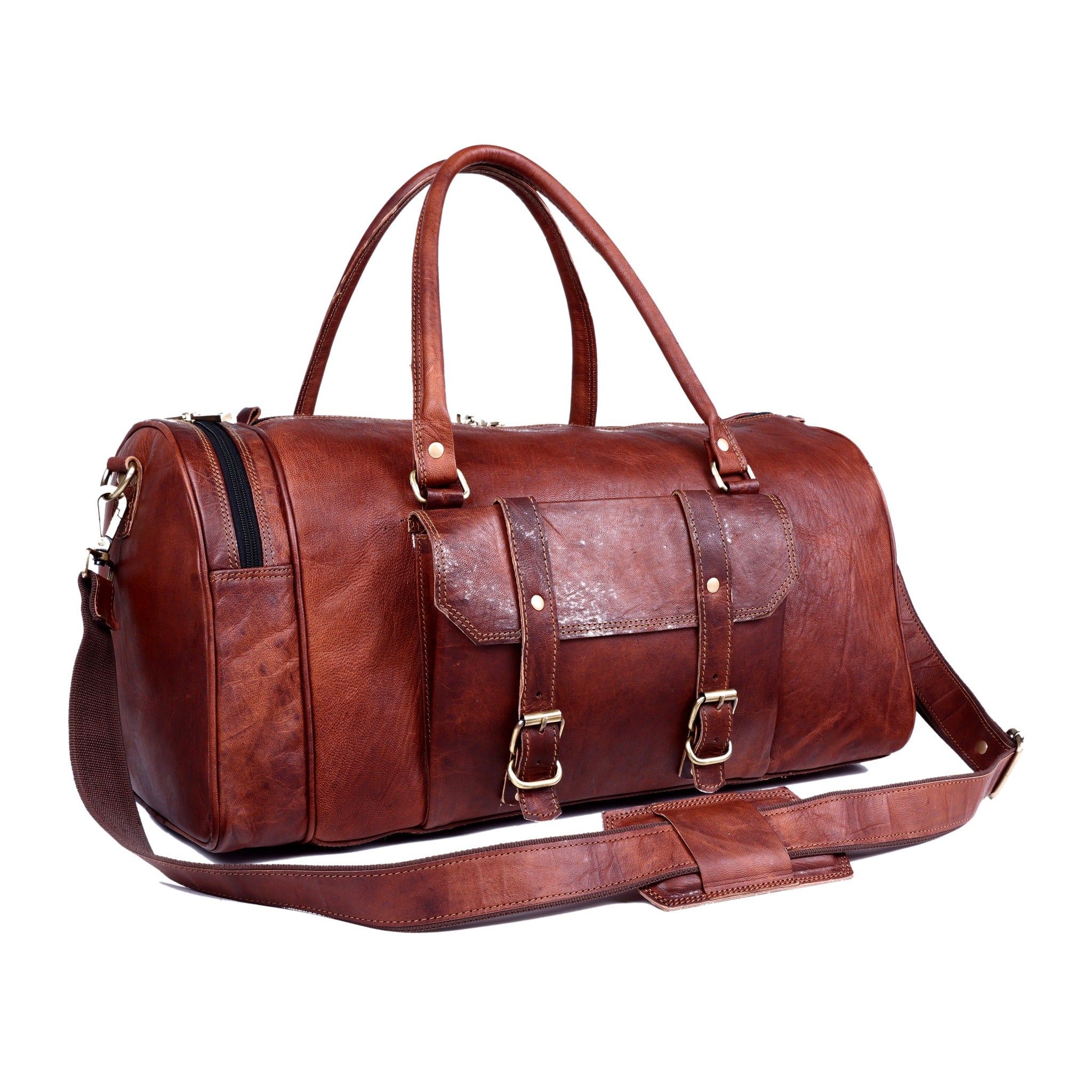 DEKVIO handcrafted leather gym duffle — angled view with detachable shoulder strap