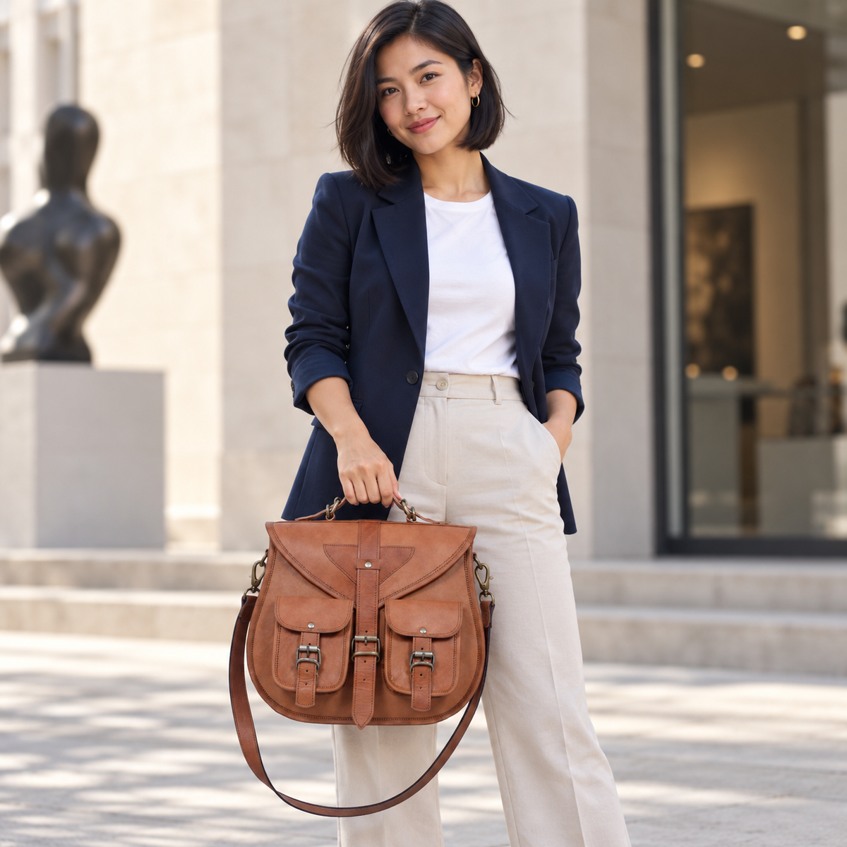 DEKVIO 13" Full-Grain Leather Crossbody Handbag for Women