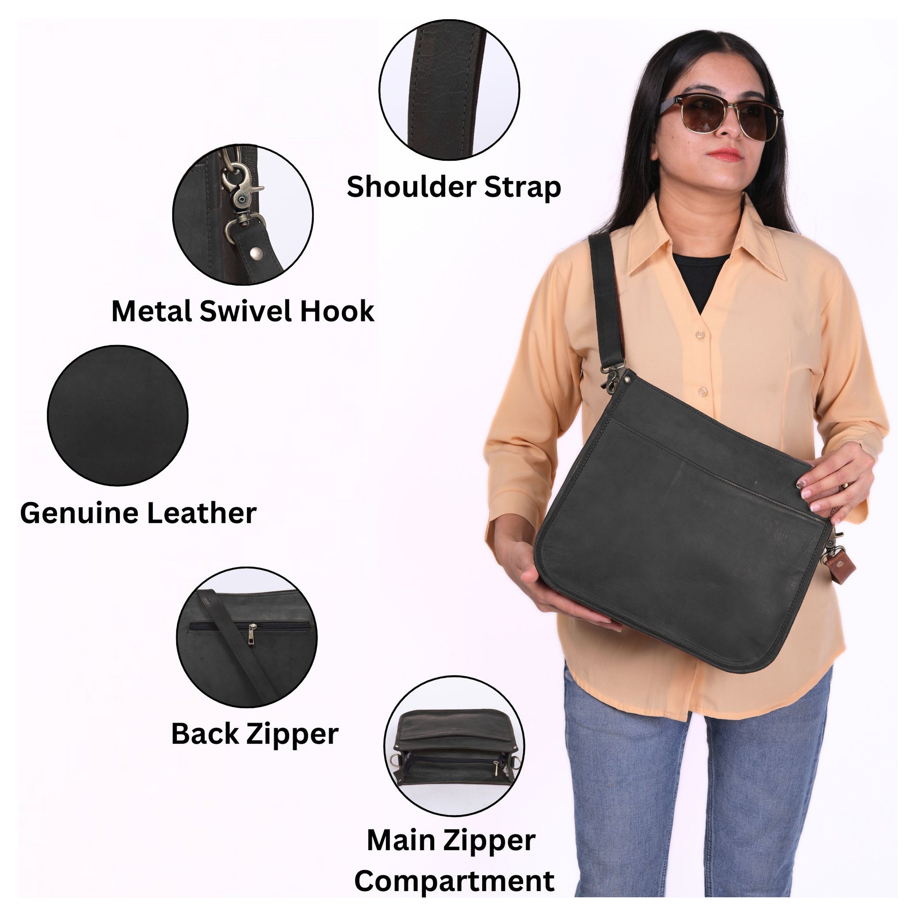 DEKVIO Leather Messenger Crossbody Bag for Women | Full Grain Genuine Leather Shoulder Purse | Adjustable Strap | Brown, Coffee, Tan, Black