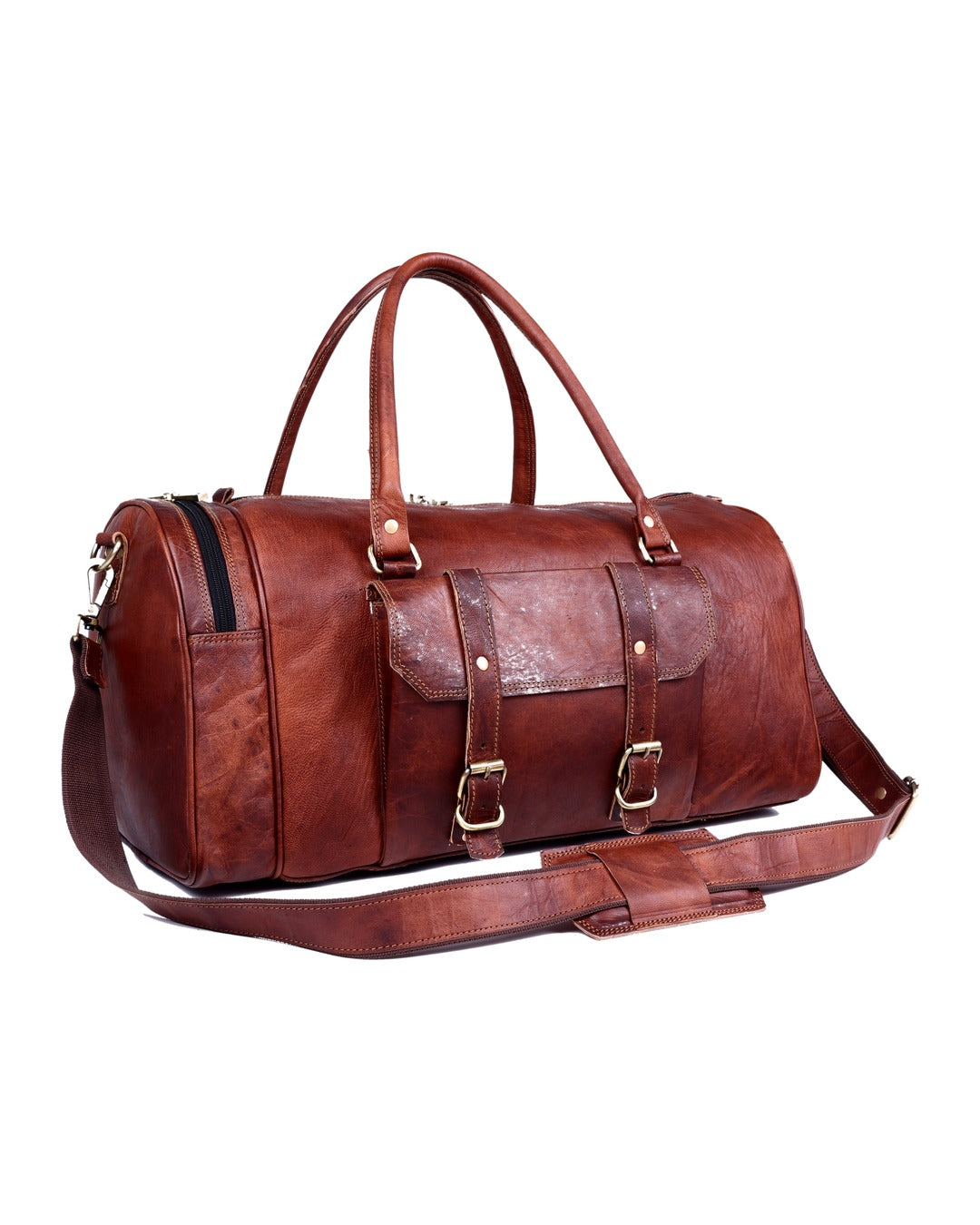 DEKVIO leather gym duffle — angled lifestyle format product photo