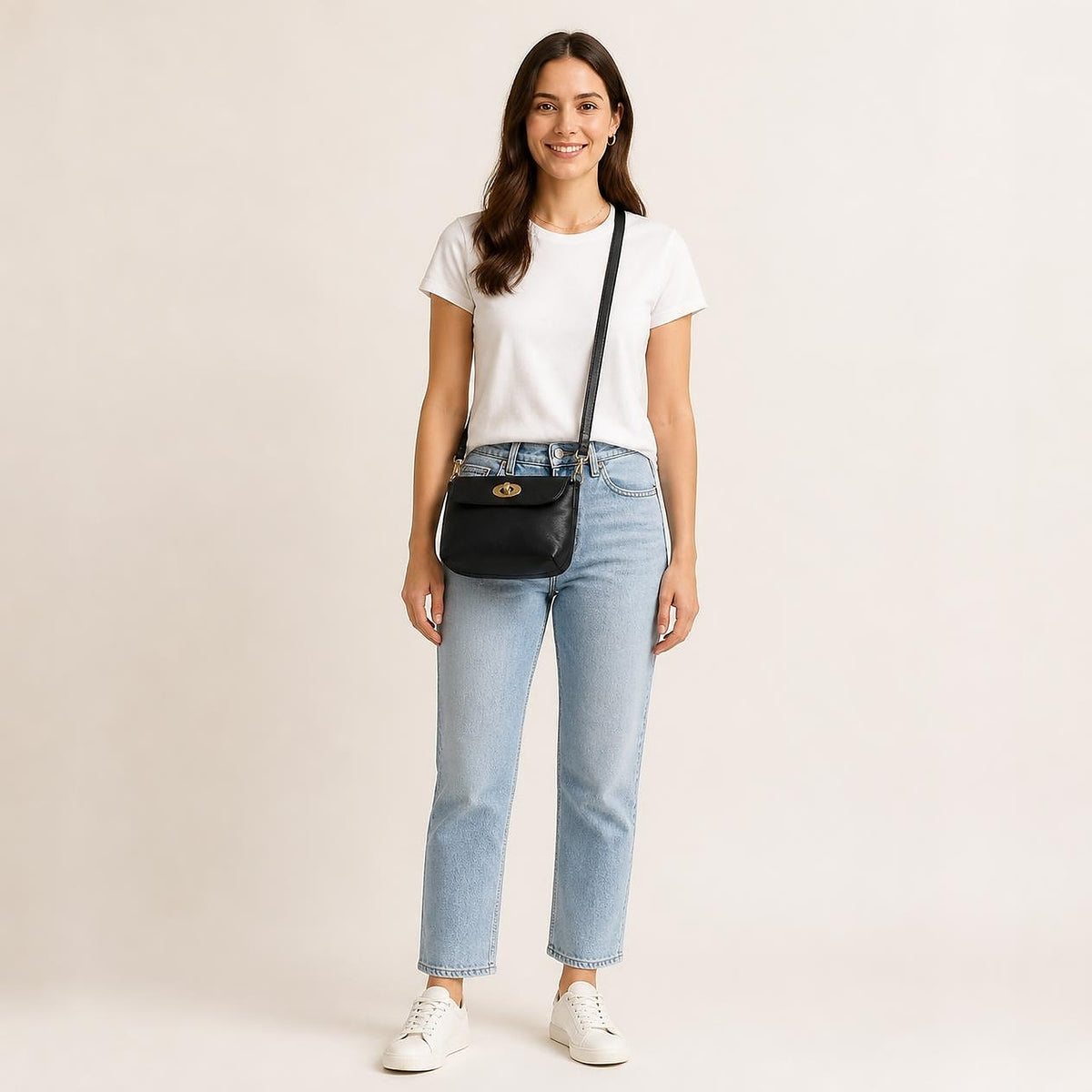 DEKVIO 10" Multi-Pocket Genuine Leather Crossbody Purse with Turn-Lock