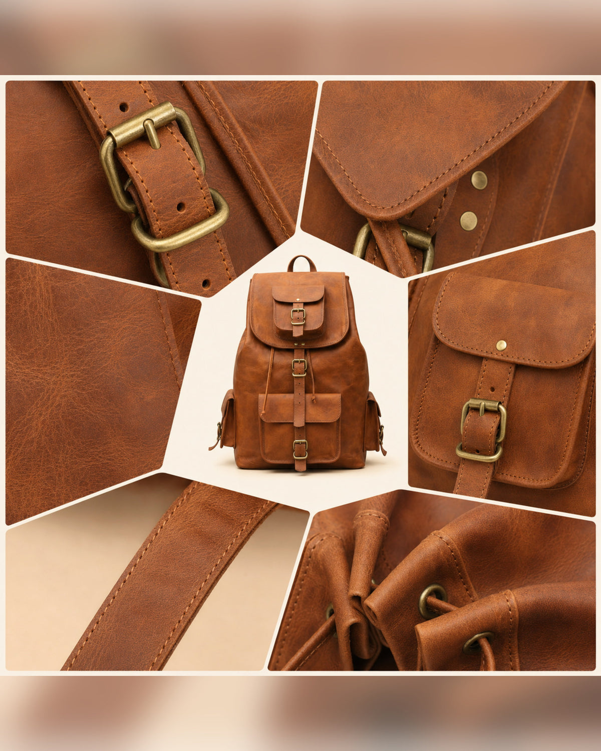 Close-up details of DEKVIO leather backpack: antique brass buckles, push lock, braided handle and hand stitching