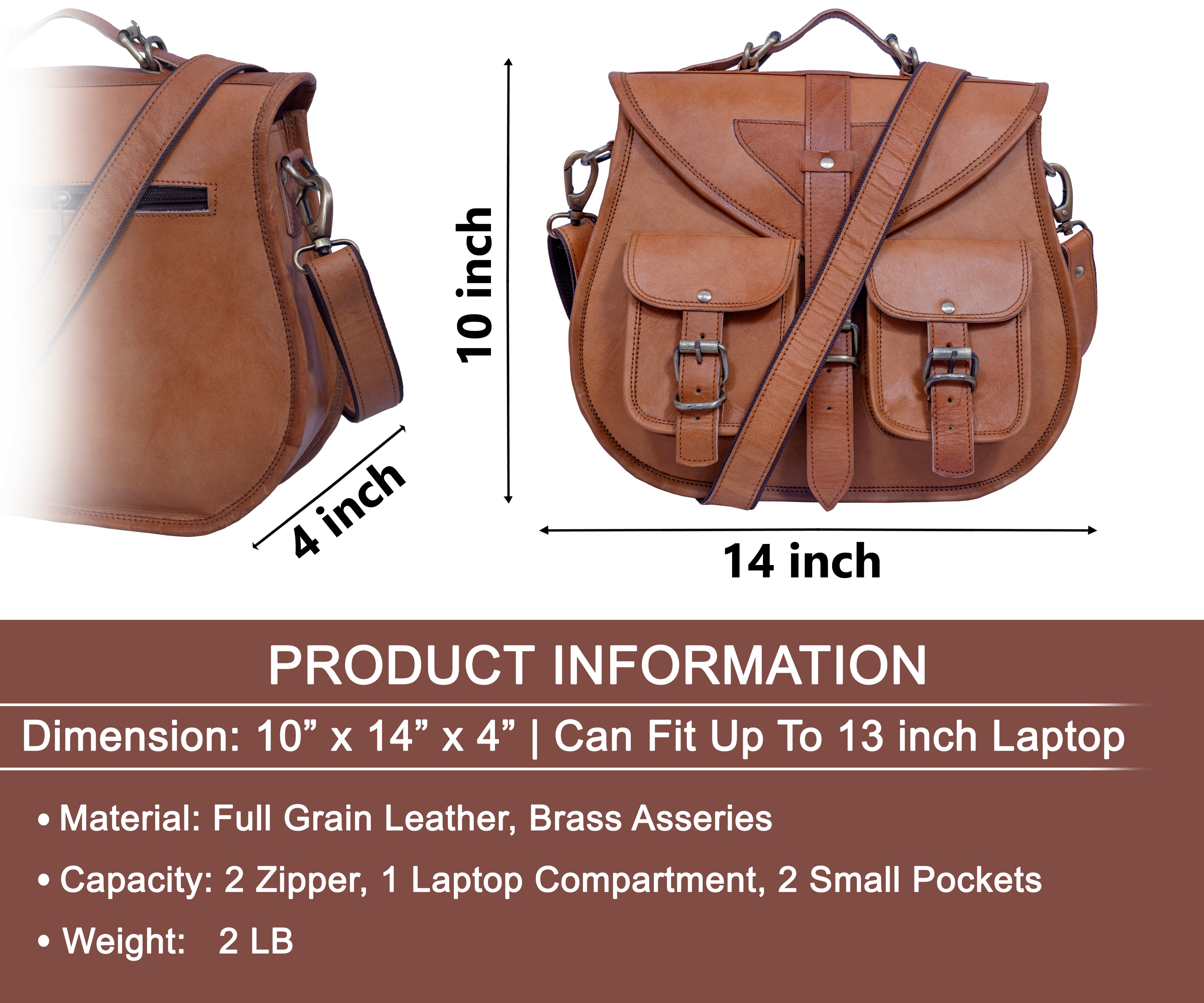 DEKVIO Large Leather Crossbody Handbag Purse for Women | Twin Pocket Full Grain Leather Saddle Bag | Removable Handle | Fits 12" Tablet | Brown, Coffee, Tan, Black