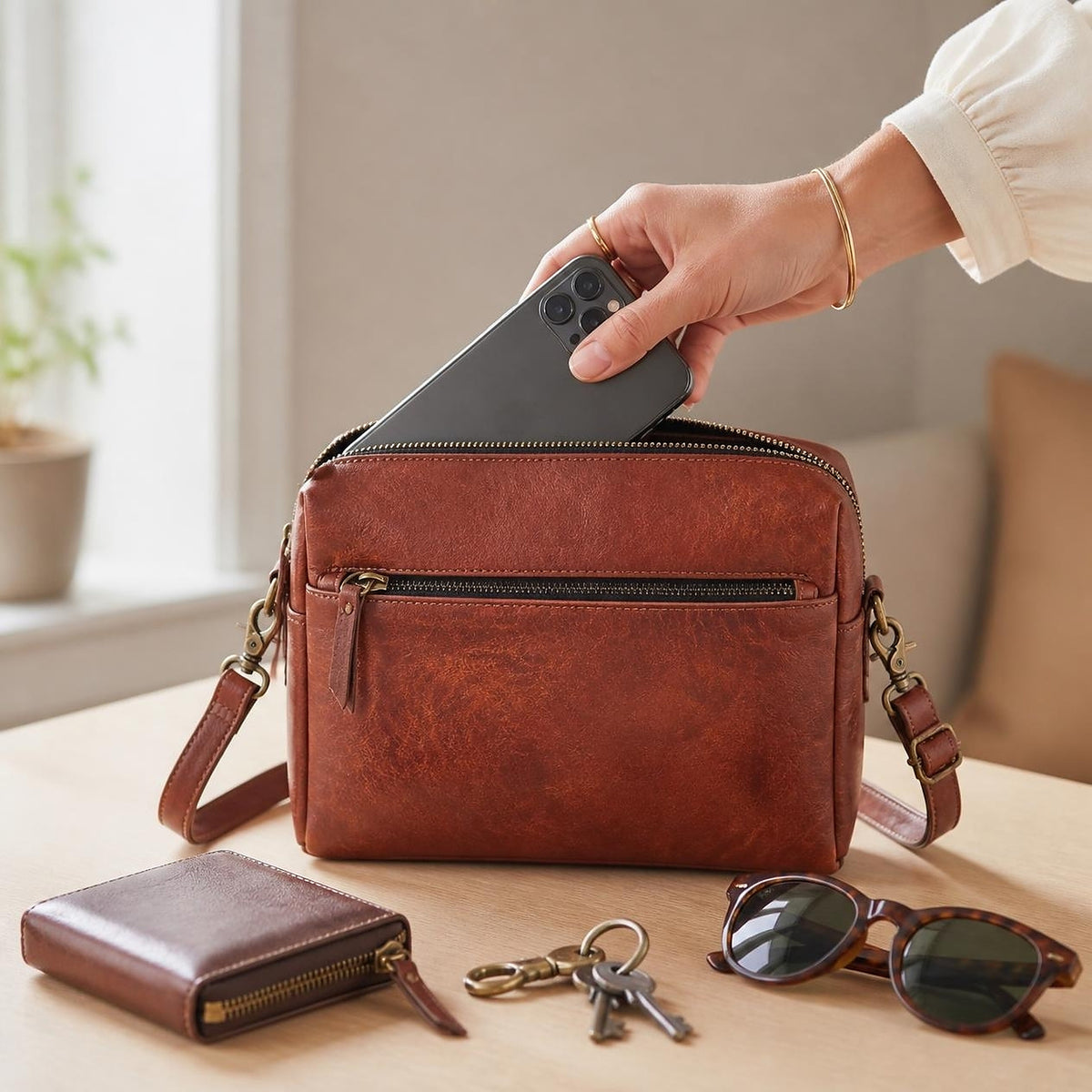 DEKVIO 10" Vegetable-Tanned Full-Grain Leather Crossbody Purse