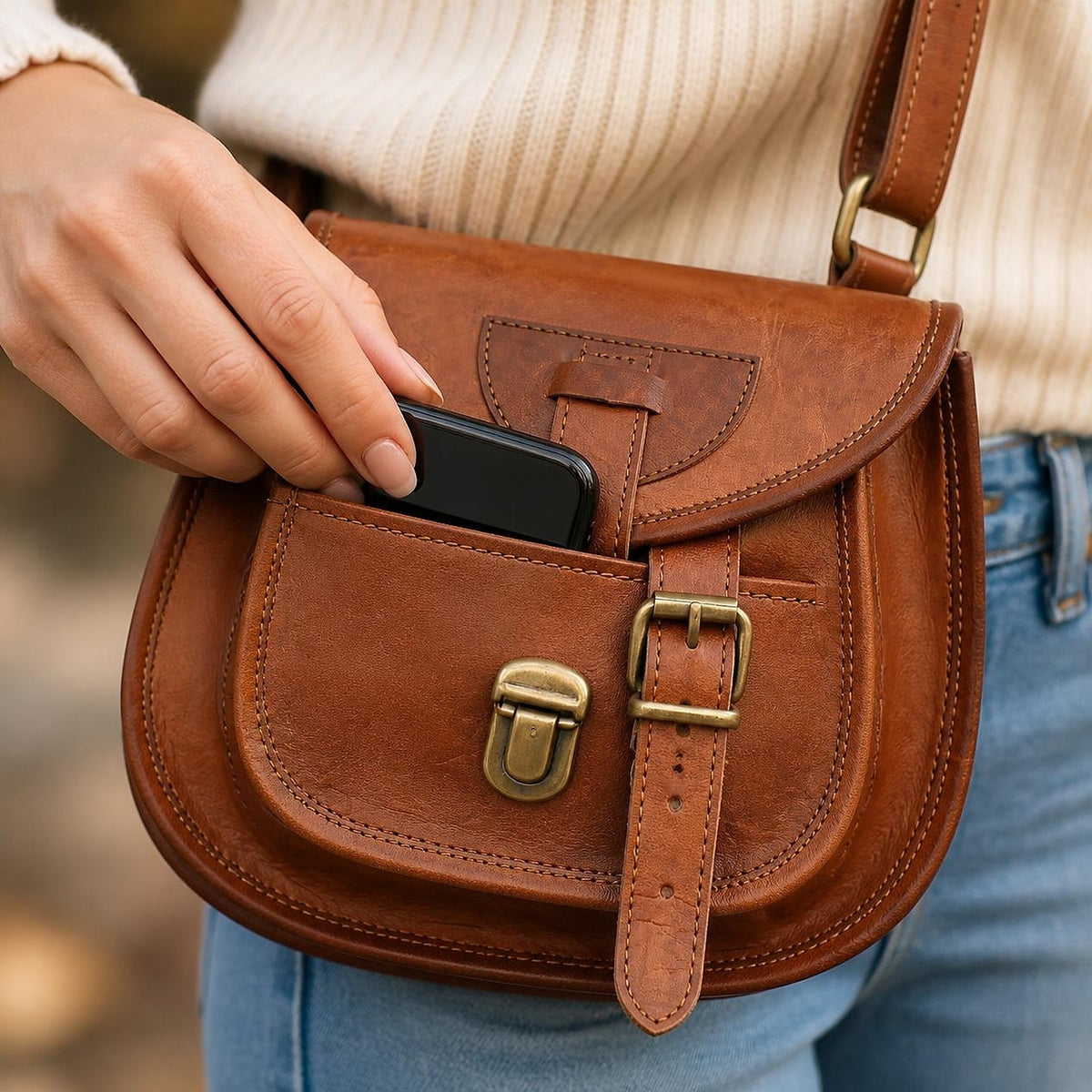 DEKVIO 9" Full-Grain Leather Small Crossbody Saddle Bag for Women