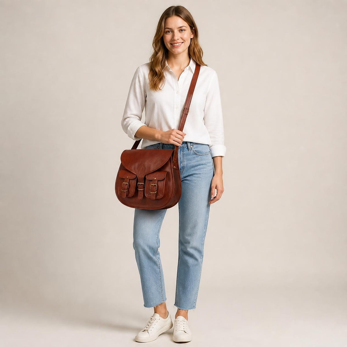 DEKVIO Full-Grain Leather Twin-Pocket Saddle Crossbody Bag for Women