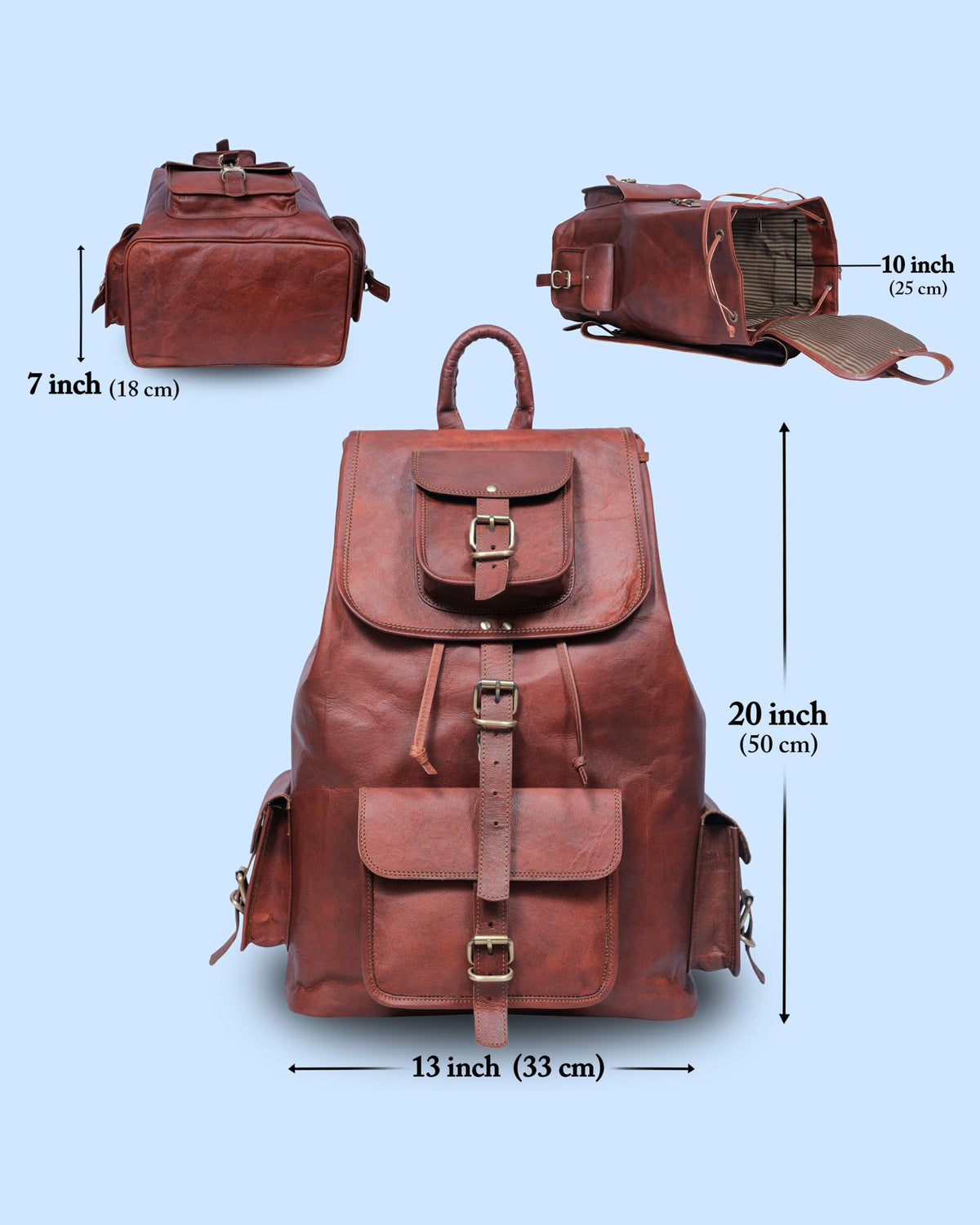 DEKVIO 20 inch leather backpack size guide: 20 inches high, 13 inches wide, 7 inches deep