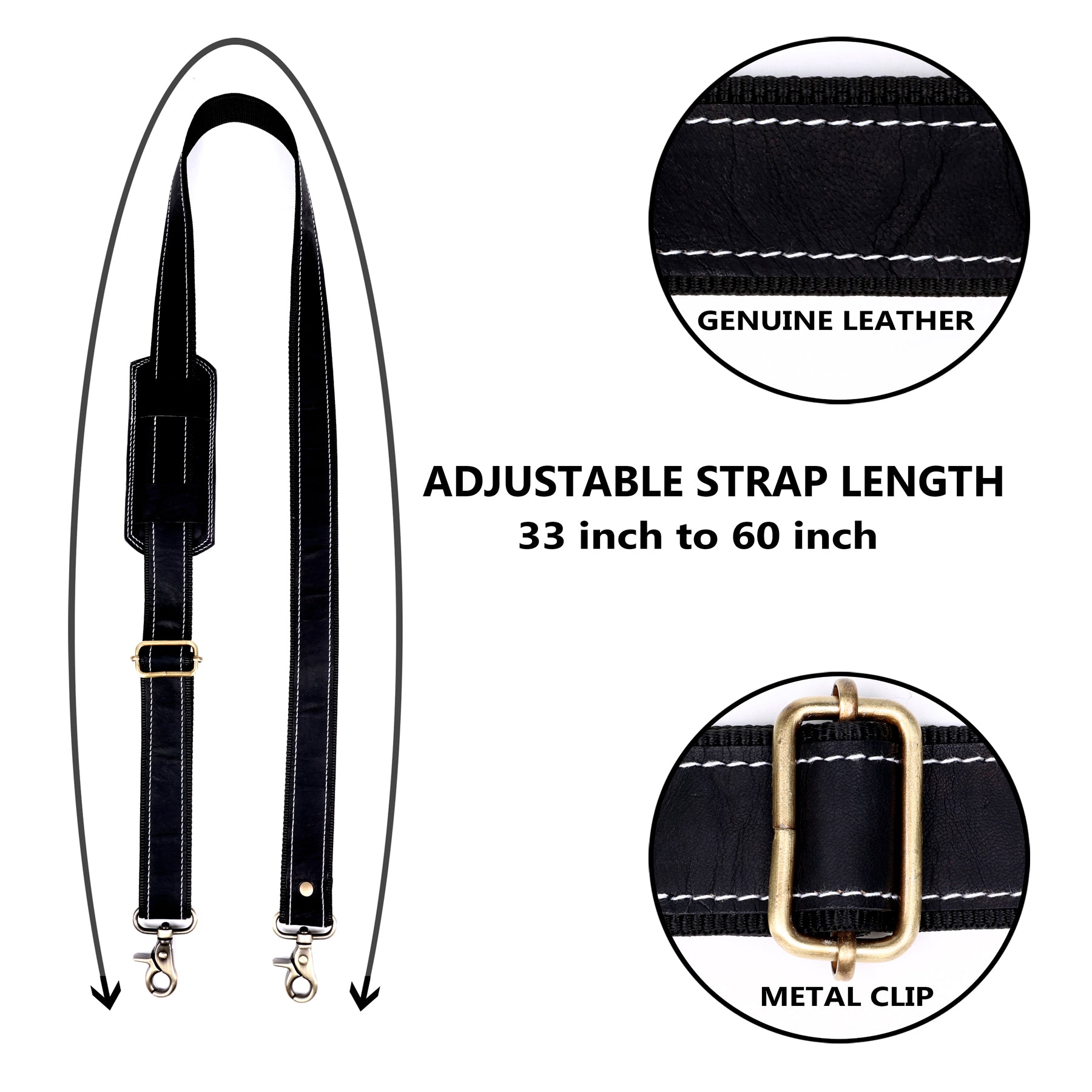 DEKVIO White-Stitch Genuine Leather Replacement Shoulder Strap | Universal Adjustable Crossbody Strap for Duffle, Messenger, Laptop & Briefcase Bags
