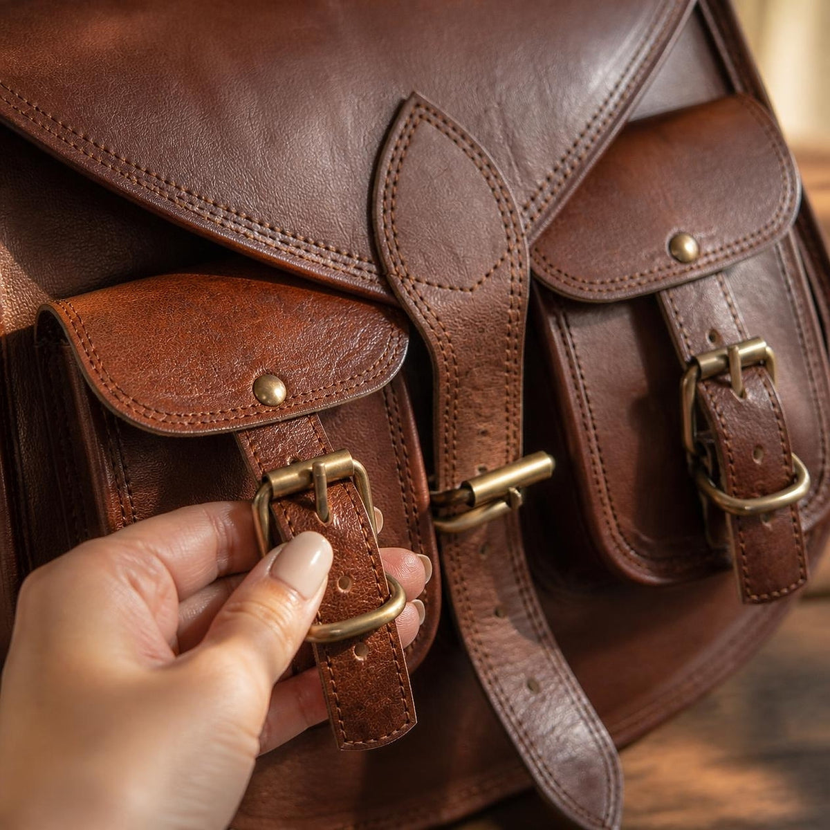 DEKVIO Full-Grain Leather Twin-Pocket Saddle Crossbody Bag for Women