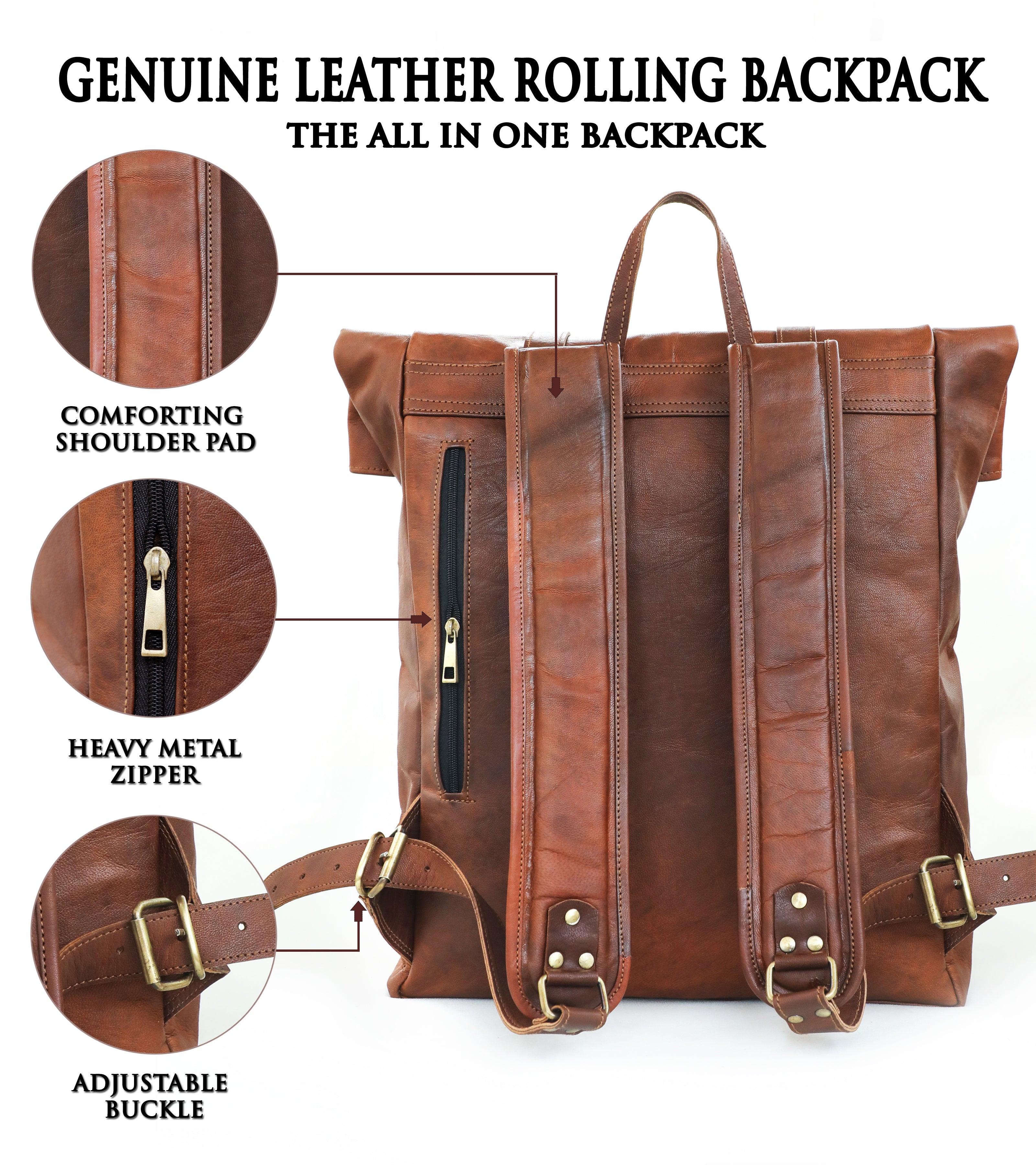 DEKVIO 20" Roll-Top Leather Backpack | Handcrafted Genuine Leather Laptop Rucksack for Men & Women | Travel, Work & College Bag | Brown, Coffee, Tan, Black