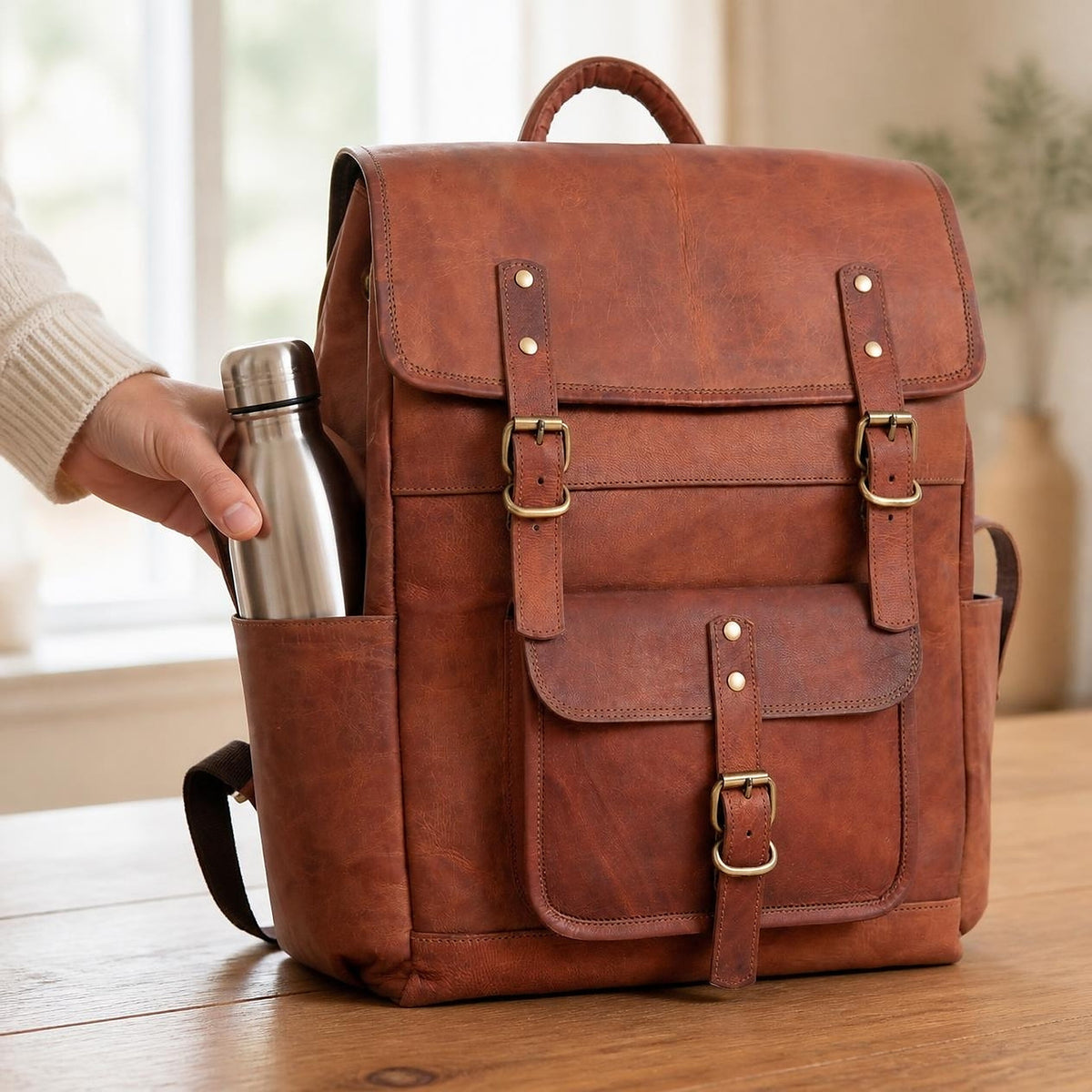 DEKVIO Full-Grain Leather Utility Laptop Backpack for Travel & Work – 15" to 19"