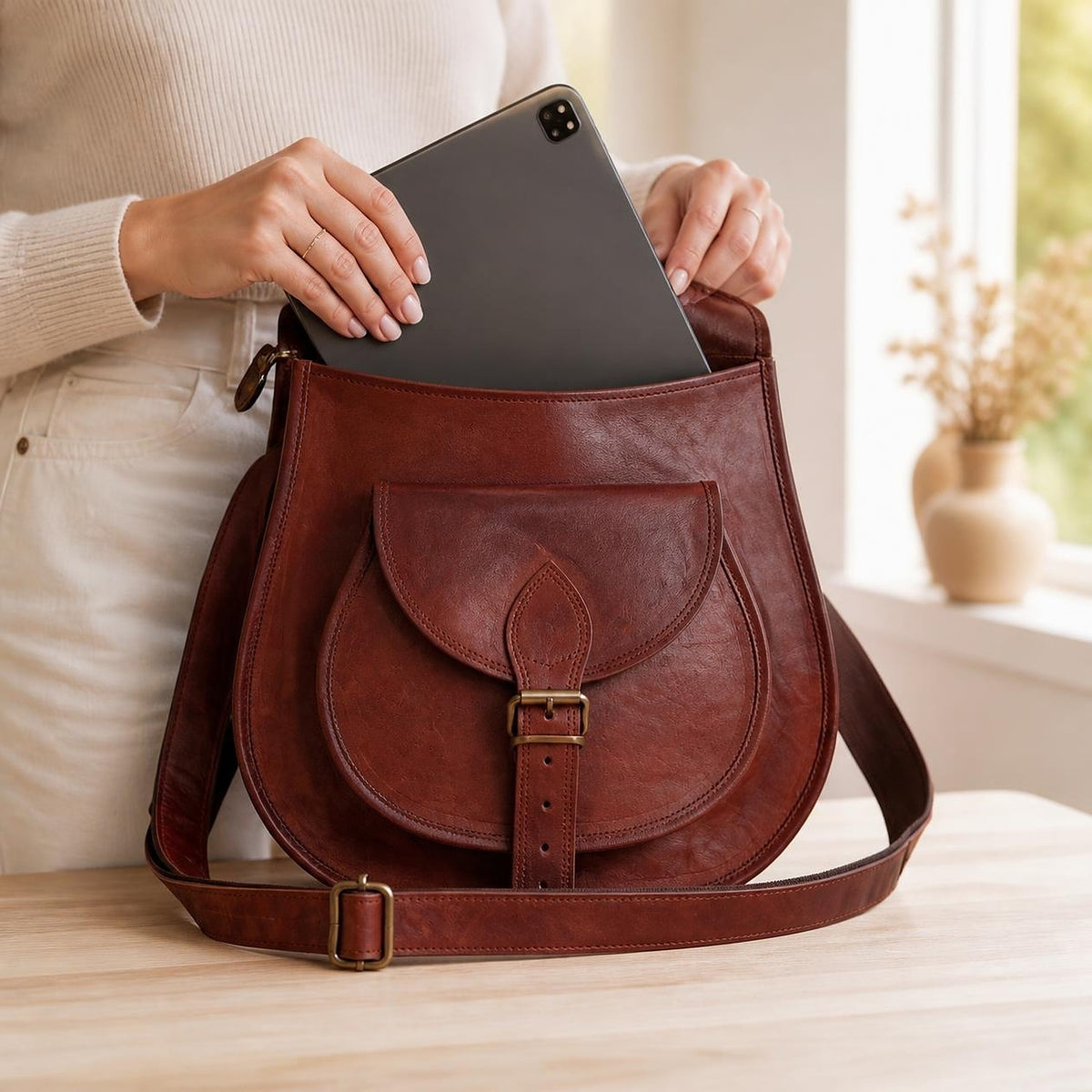 DEKVIO 13" Full-Grain Leather Crossbody Saddle Bag for Women