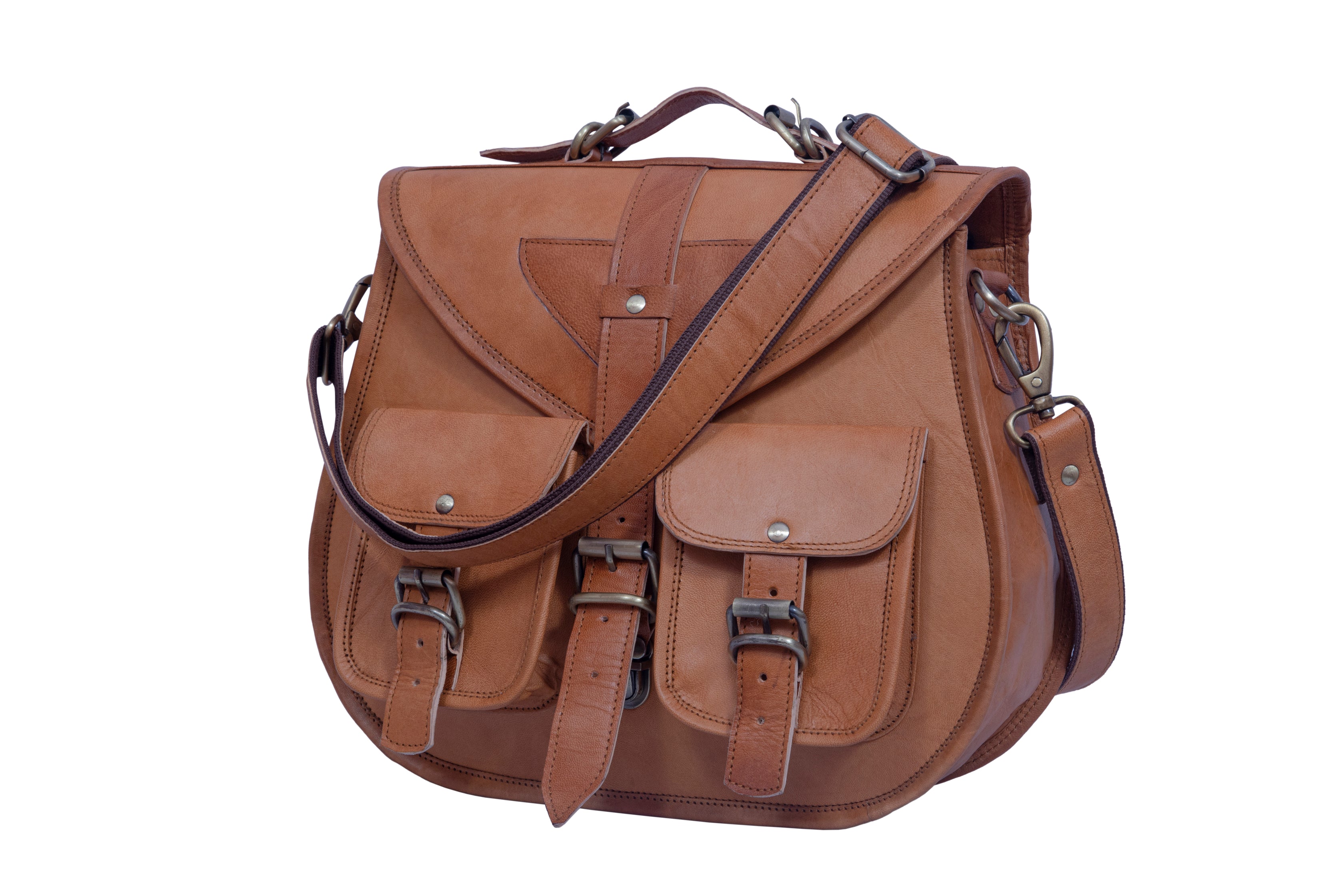 DEKVIO Large Leather Crossbody Handbag Purse for Women | Twin Pocket Full Grain Leather Saddle Bag | Removable Handle | Fits 12" Tablet | Brown, Coffee, Tan, Black