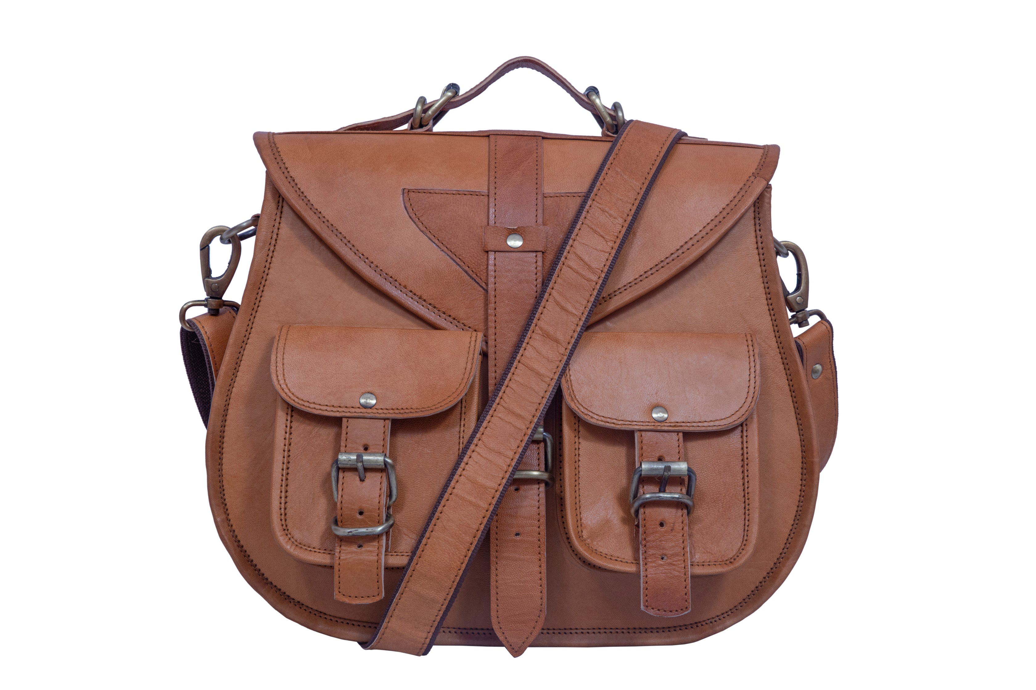 DEKVIO Large Leather Crossbody Handbag Purse for Women | Twin Pocket Full Grain Leather Saddle Bag | Removable Handle | Fits 12" Tablet | Brown, Coffee, Tan, Black
