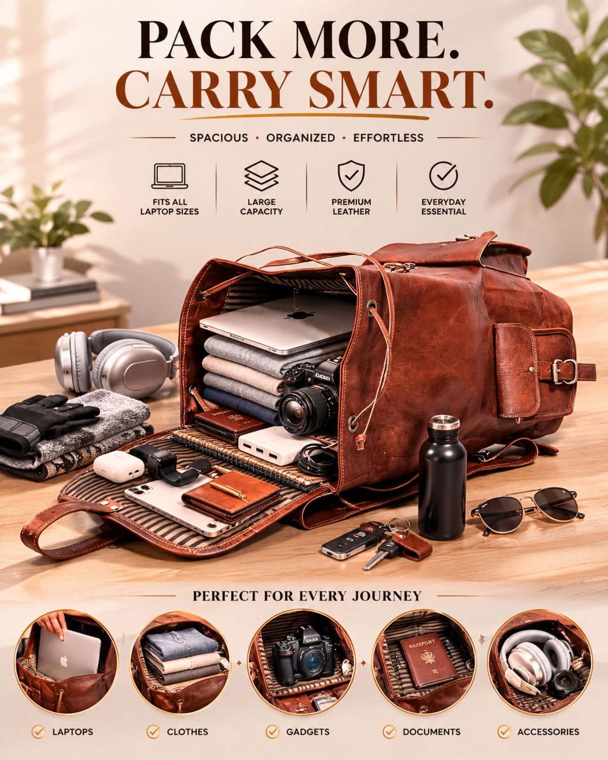 DEKVIO leather backpack packed with laptop, clothes, documents and travel accessories