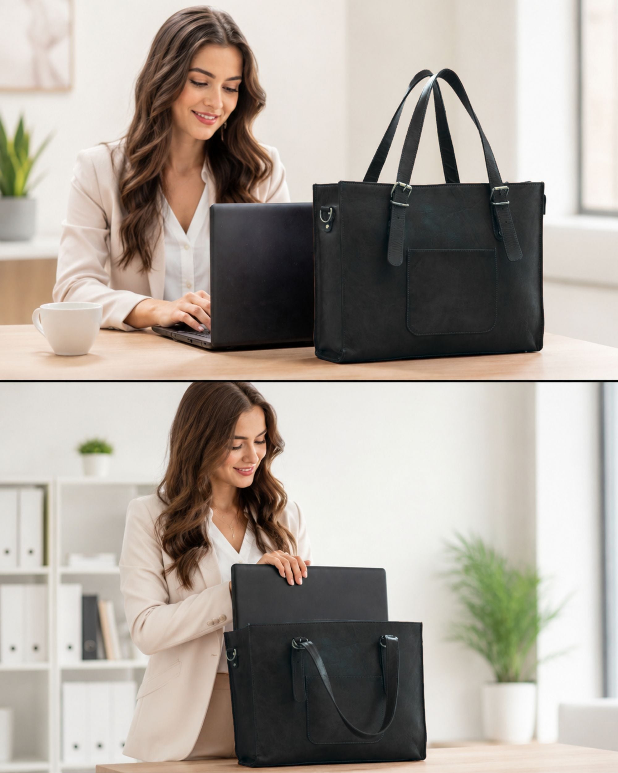 DEKVIO Leather Laptop Tote Bag for Women 15.6 Inch Work Bag Shoulder Handbag with Trolley Sleeve Office Travel Purse