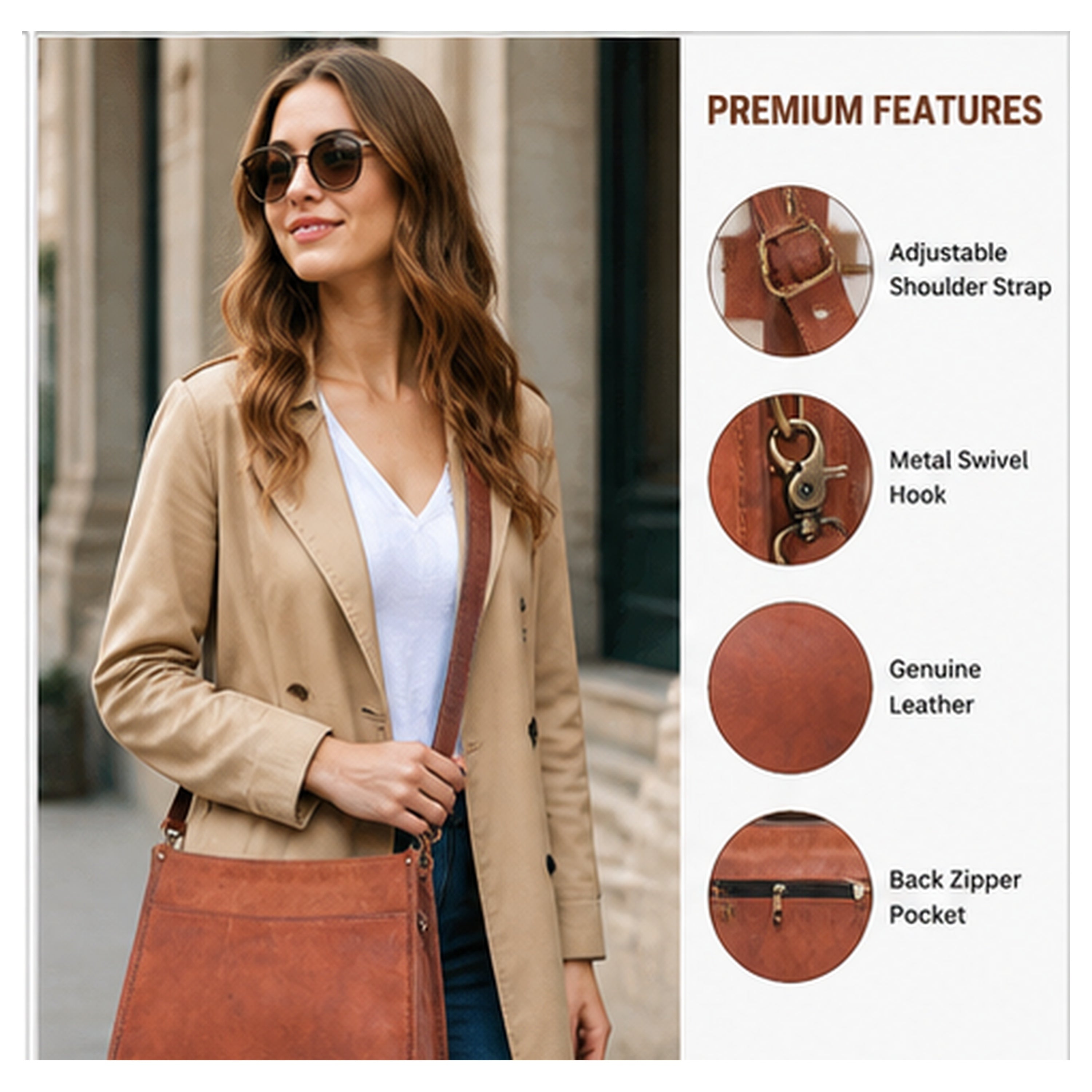 DEKVIO Leather Messenger Crossbody Bag for Women | Full Grain Genuine Leather Shoulder Purse | Adjustable Strap | Brown, Coffee, Tan, Black