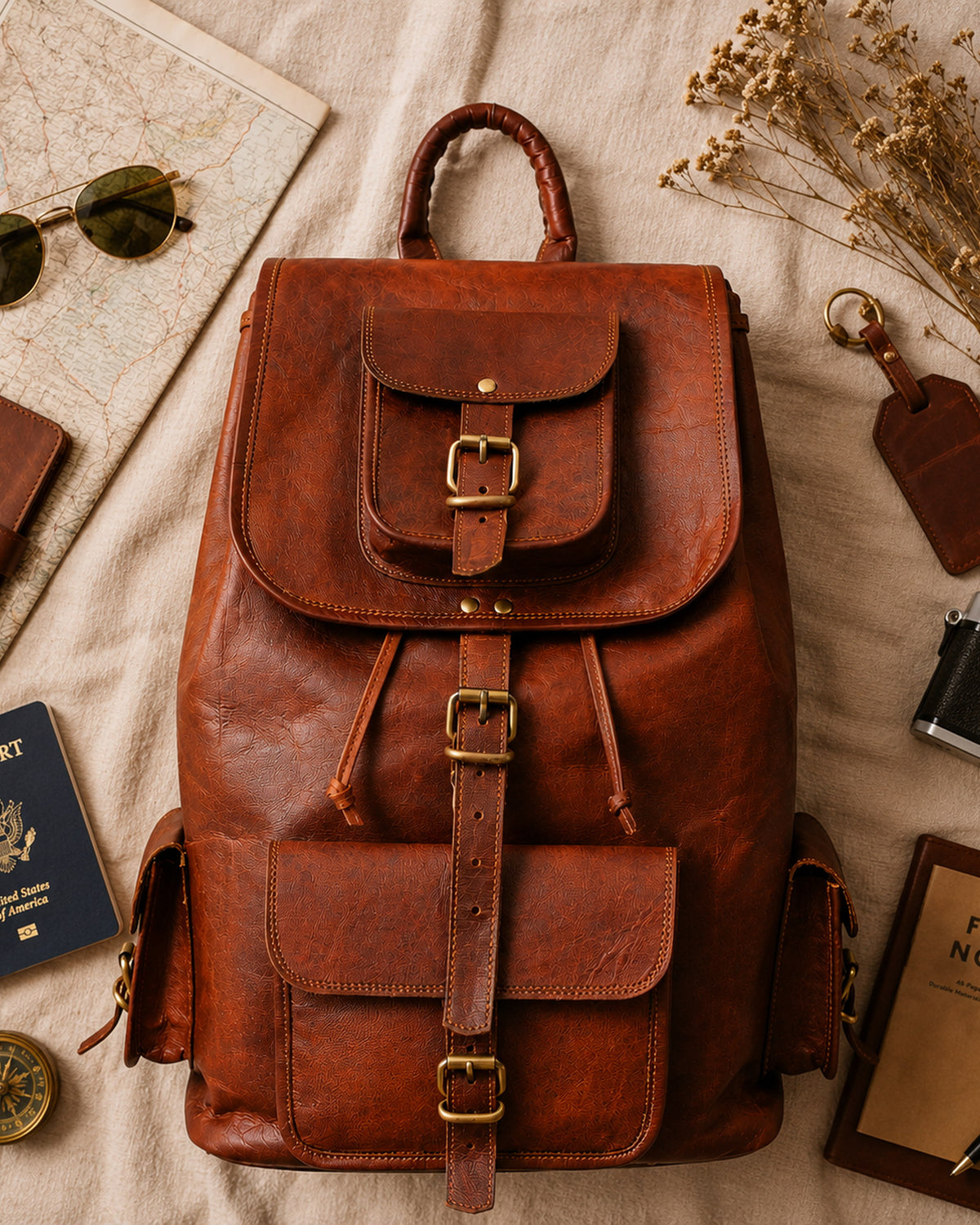 DEKVIO brown leather backpack styled flat lay with passport, camera, sunglasses and travel essentials
