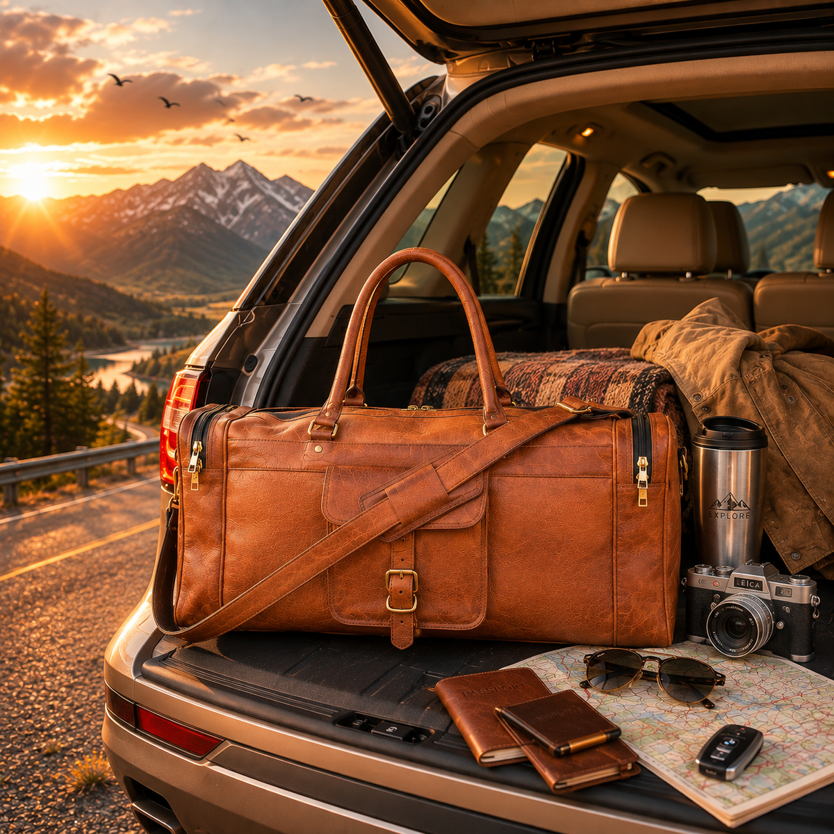 DEKVIO tan leather duffle bag in car trunk ready for road trip