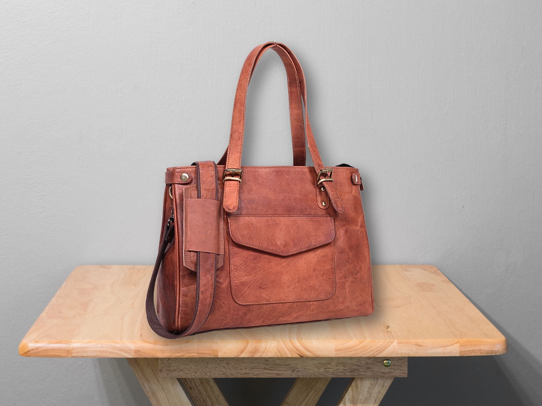 DEKVIO Leather Laptop Tote Bag for Women 15.6 Inch Shoulder Handbag Genuine Leather Work Bag Office Purse with Crossbody Strap