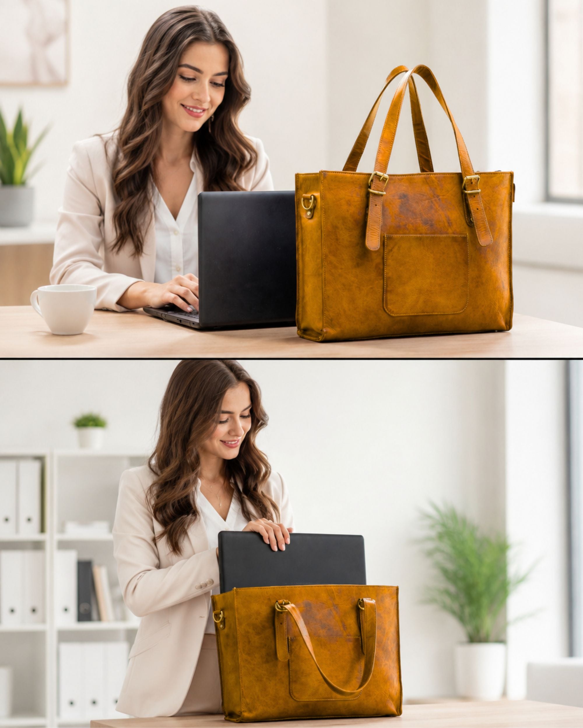 DEKVIO Leather Laptop Tote Bag for Women 15.6 Inch Work Bag Shoulder Handbag with Trolley Sleeve Office Travel Purse