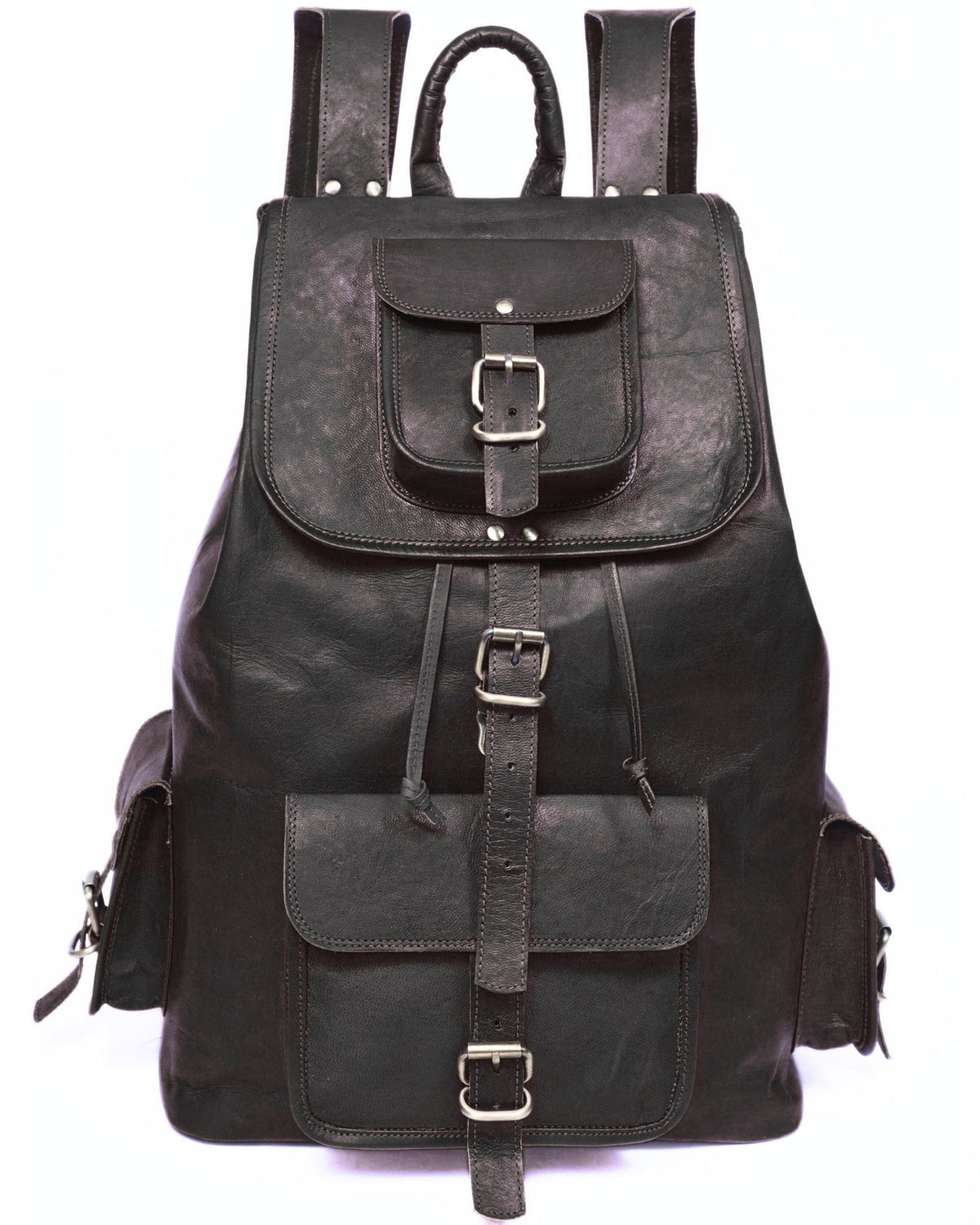 DEKVIO 20 inch leather backpack in Black, front view with push-lock flap and brass buckles