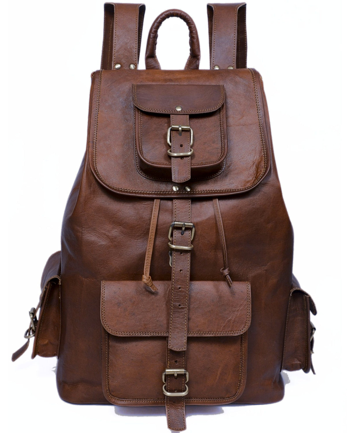 DEKVIO 20 inch leather backpack in Coffee dark brown, front view with push-lock flap and brass buckles
