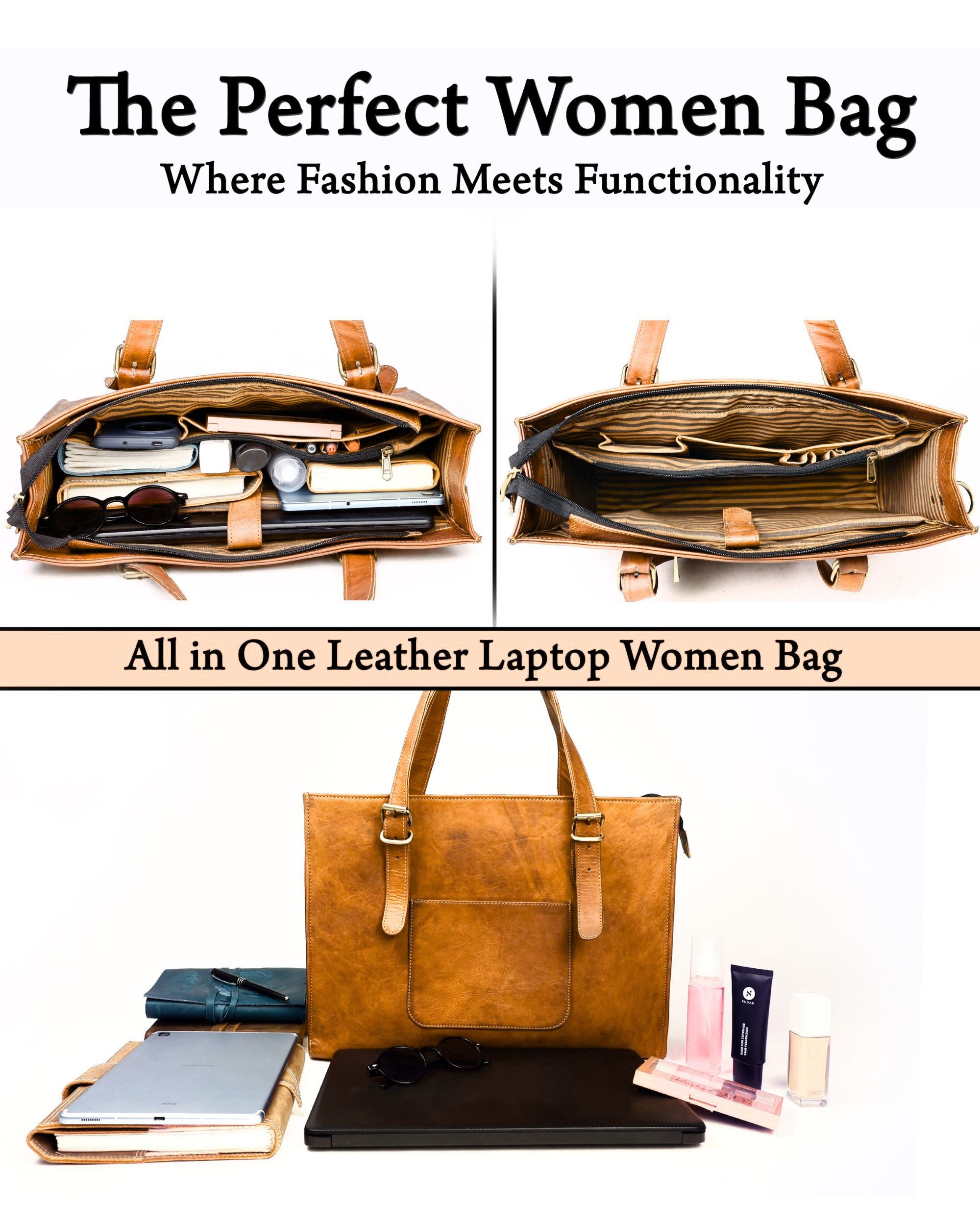 DEKVIO Leather Laptop Tote Bag for Women 15.6 Inch Work Bag Shoulder Handbag with Trolley Sleeve Office Travel Purse