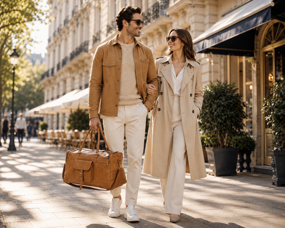 Couple walking city street with DEKVIO brown leather weekender duffle