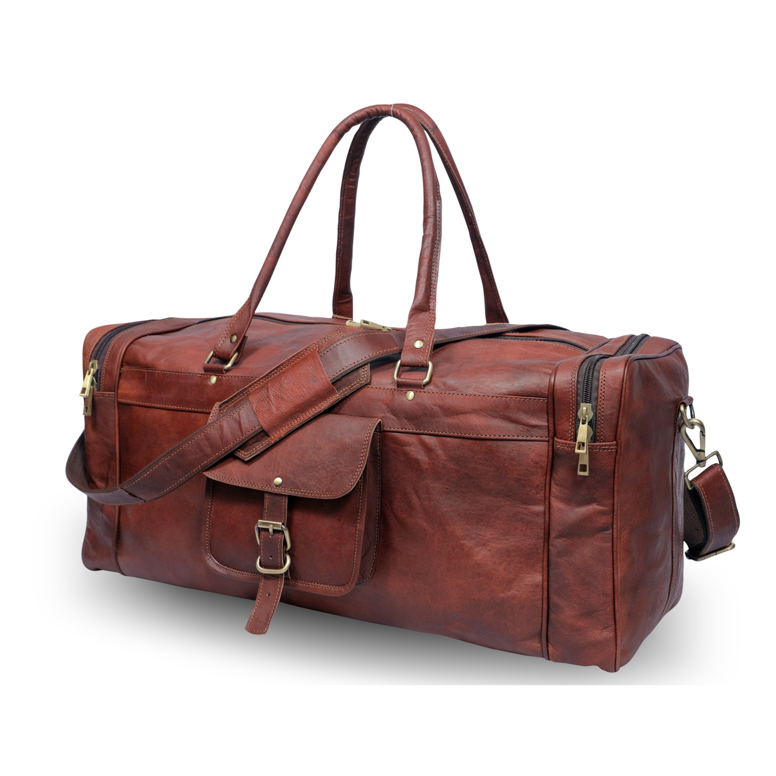 Close-up of full-grain leather texture and brass buckle on DEKVIO duffle bag