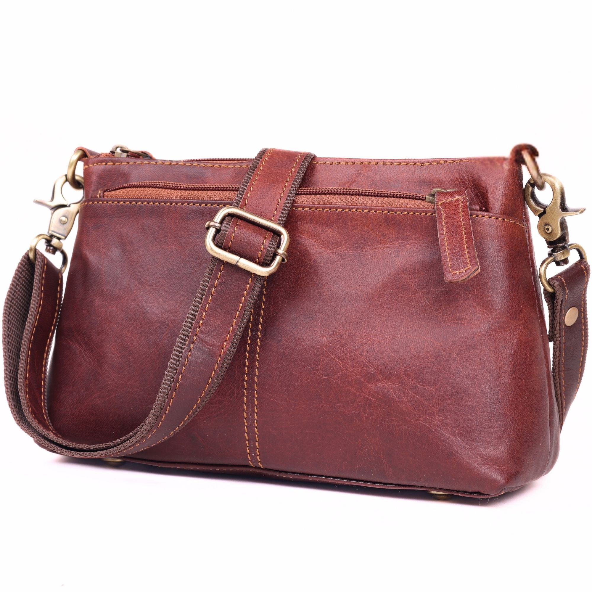 DEKVIO Small Genuine Leather Crossbody Purse for Women | 3-Zip Vintage Leather Shoulder Bag | Brown, Coffee, Tan, Black