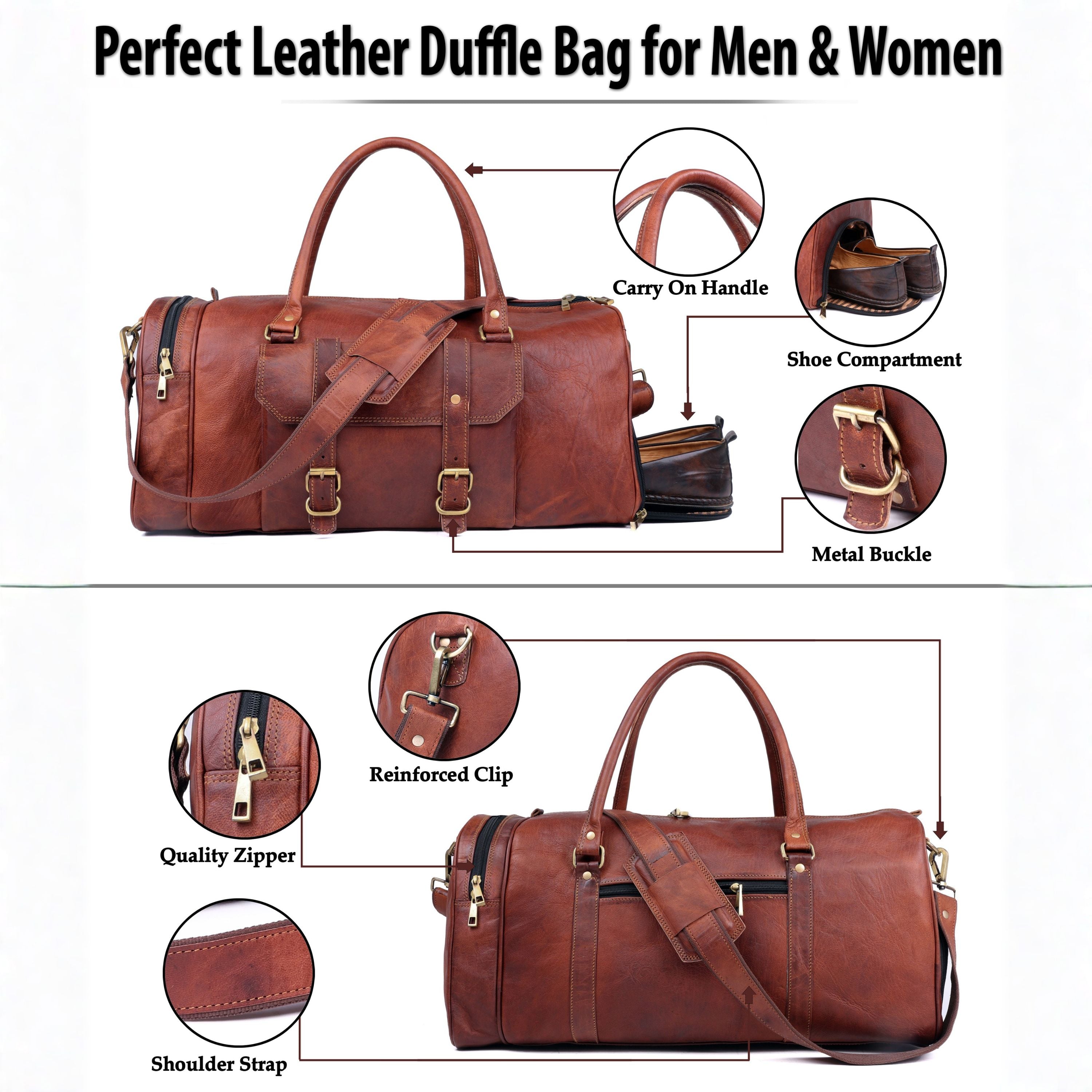 DEKVIO Leather Gym Duffle Bag with Shoe Compartment | Handcrafted Genuine Leather Weekender | Men & Women | Brown, Coffee, Tan, Black