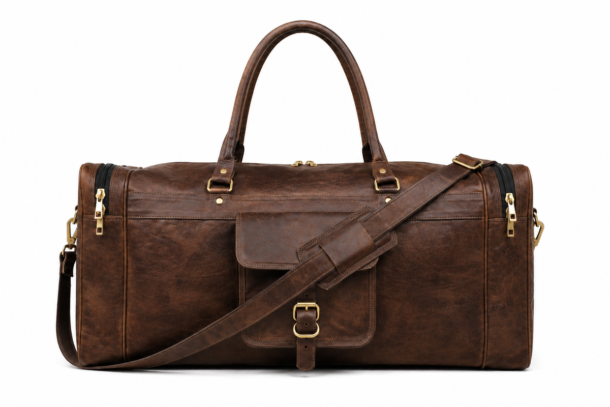 DEKVIO vintage weekender leather duffle in Coffee colour - studio front