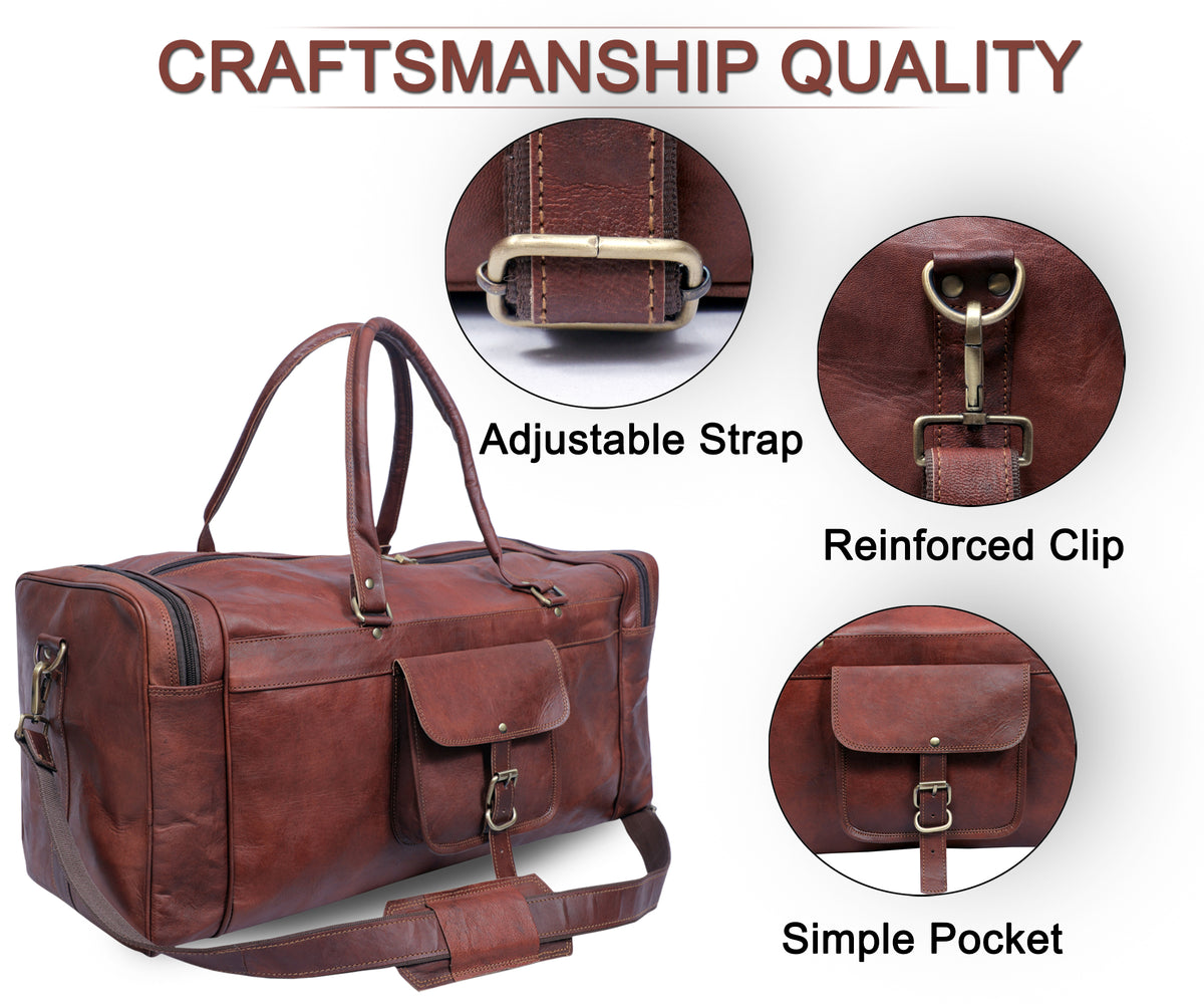 DEKVIO vintage weekender features - full-grain leather, brass hardware, adjustable strap