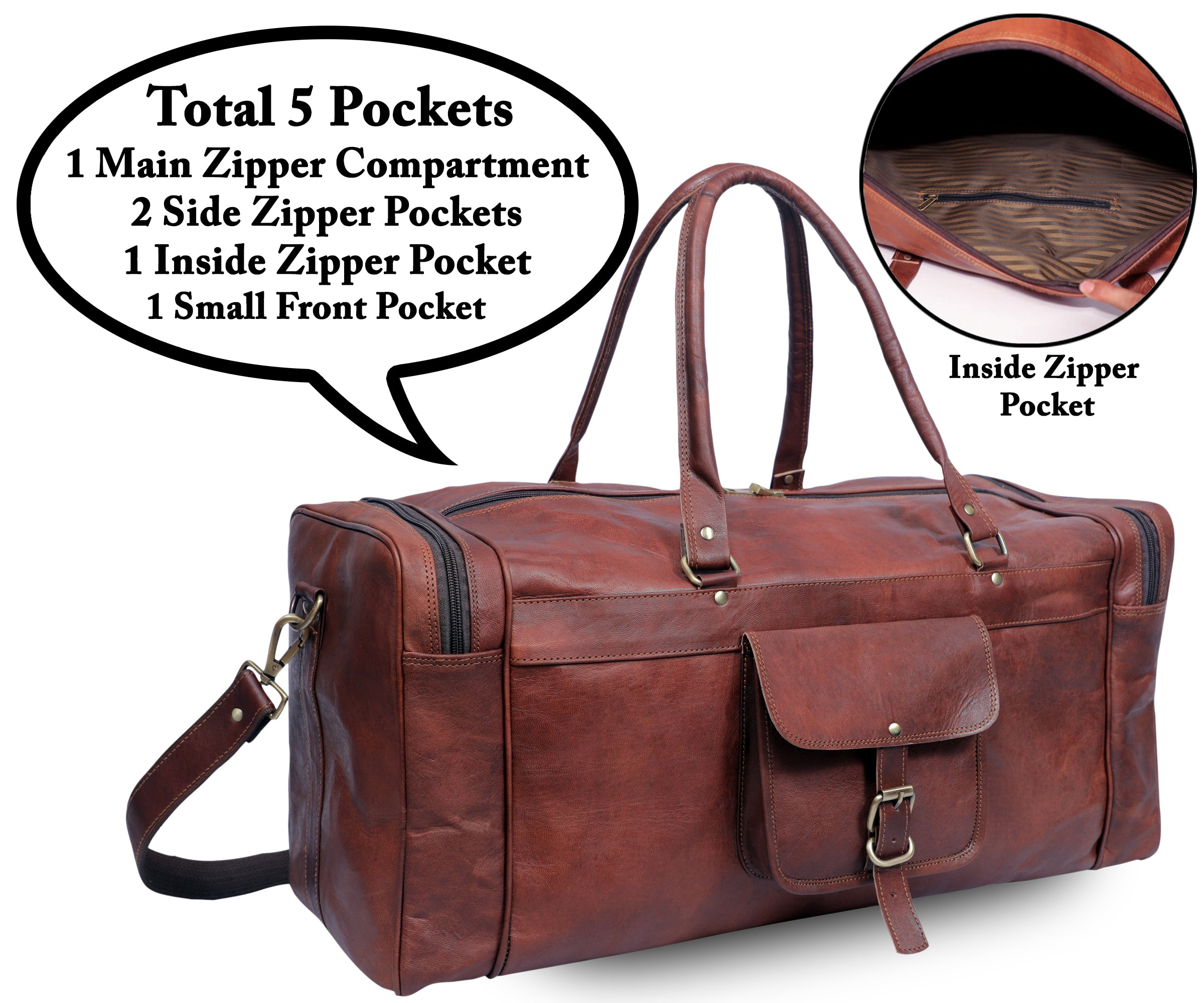DEKVIO leather duffle bag pockets infographic - 5 pockets layout