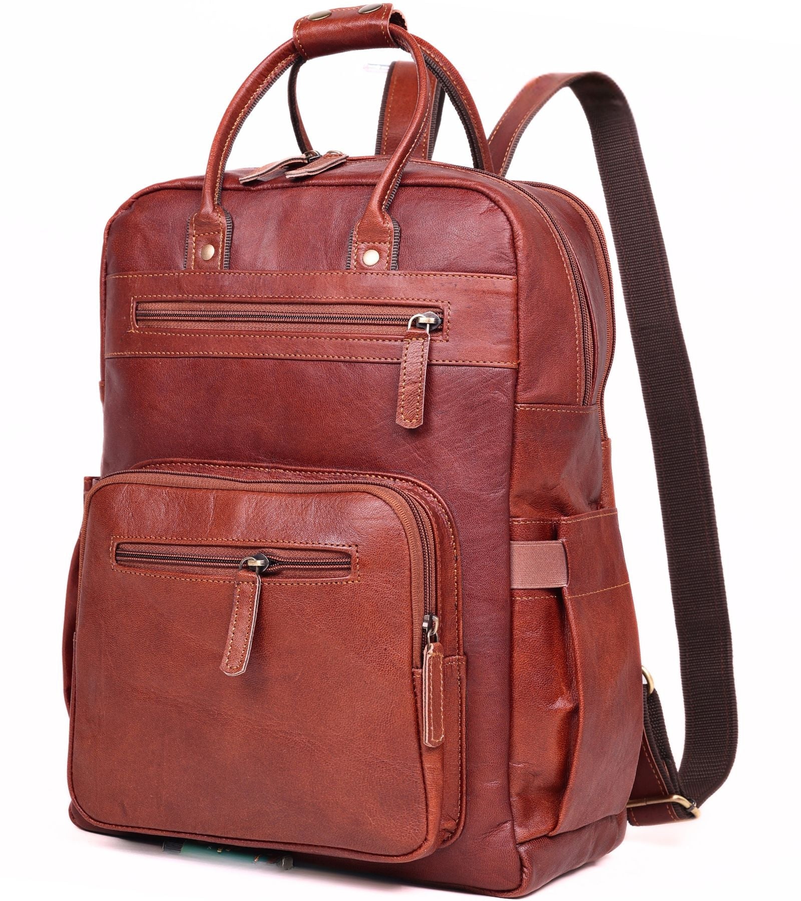 DEKVIO triple buckle adventure leather backpack diagonal front view coffee