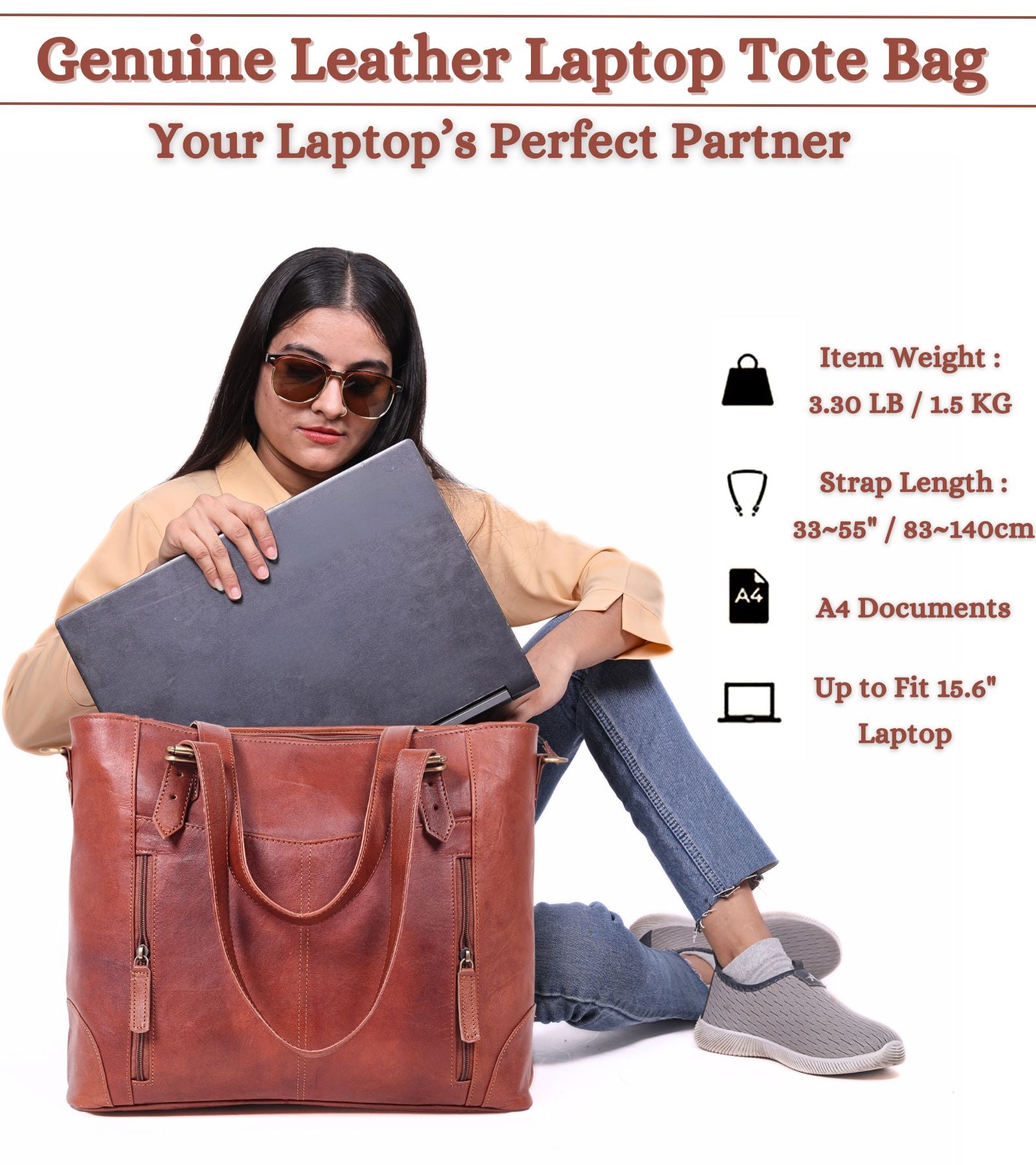 DEKVIO Leather Laptop Tote Bag for Women 15.6 Inch Shoulder Crossbody Handbag Genuine Leather Work Purse with Detachable Strap