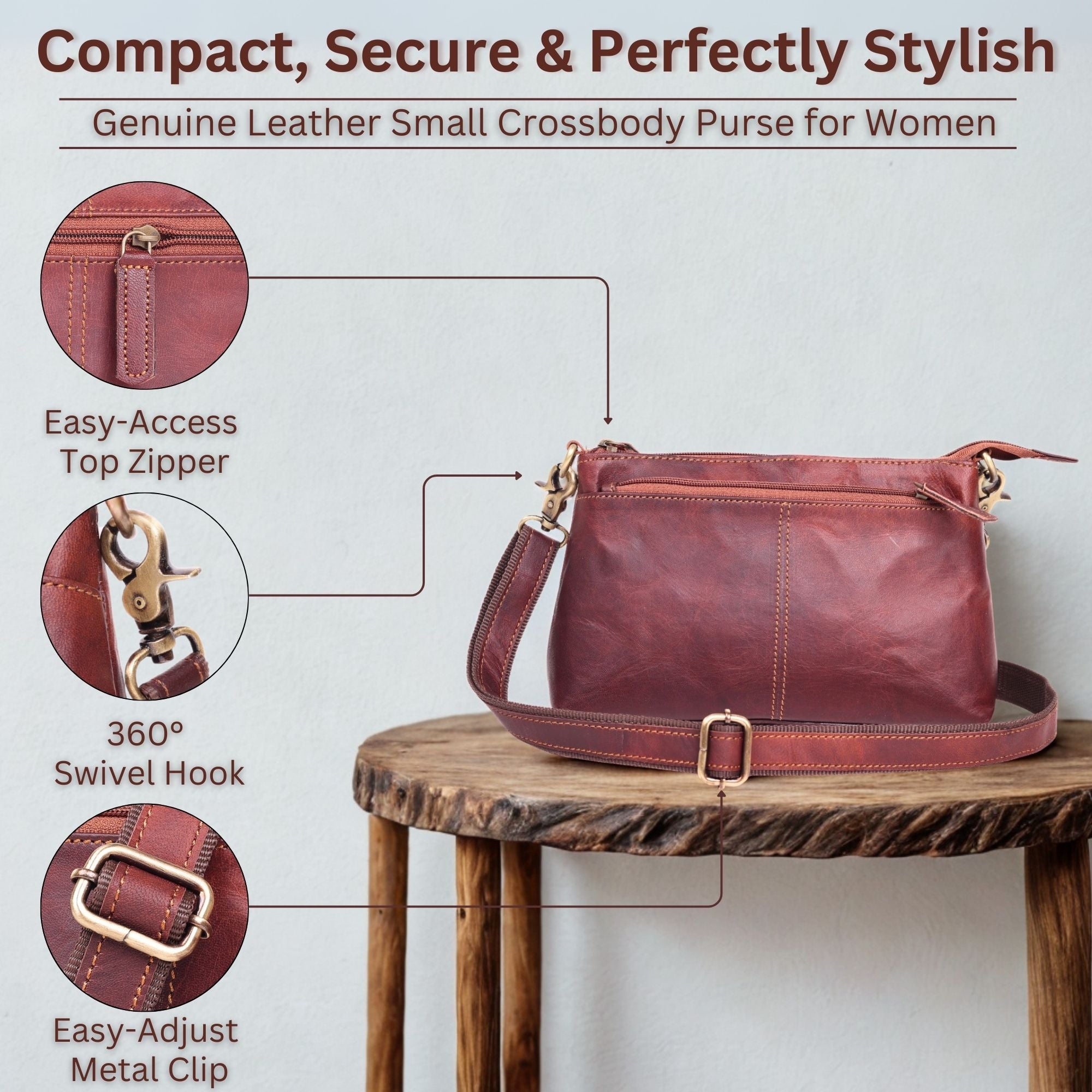 DEKVIO Small Genuine Leather Crossbody Purse for Women | 3-Zip Vintage Leather Shoulder Bag | Brown, Coffee, Tan, Black