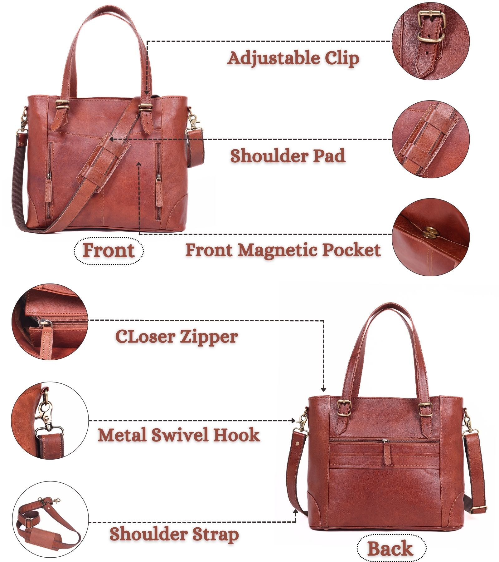 DEKVIO Leather Laptop Tote Bag for Women 15.6 Inch Shoulder Crossbody Handbag Genuine Leather Work Purse with Detachable Strap