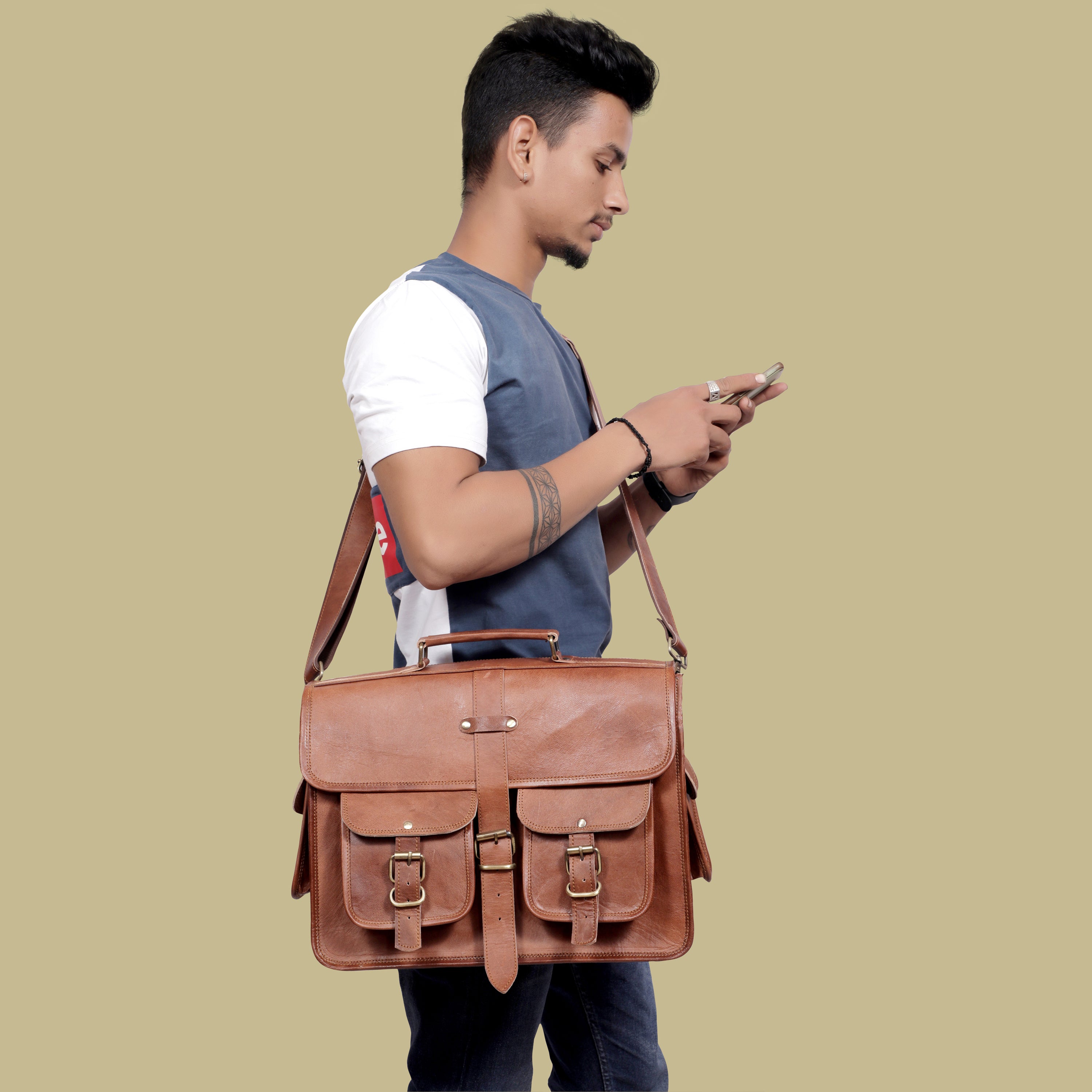 DEKVIO Leather Messenger Bag Vintage Crossbody Laptop Briefcase 15.6 Inch Shoulder Satchel for Men Women