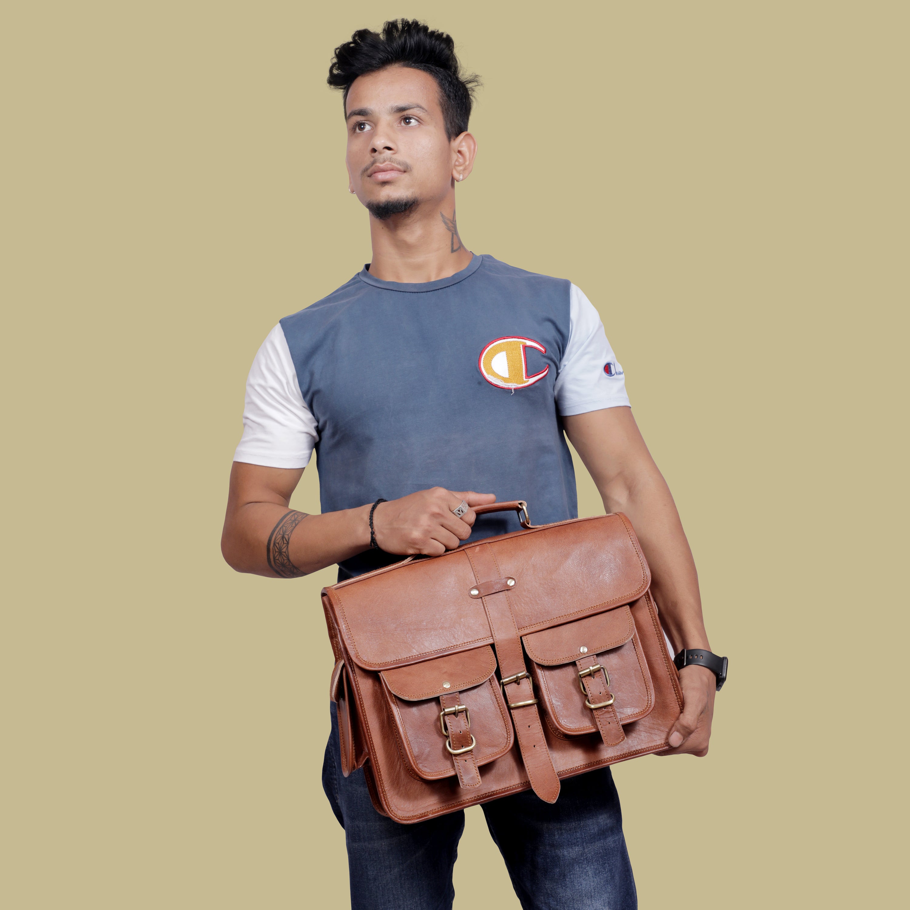 DEKVIO Leather Messenger Bag Vintage Crossbody Laptop Briefcase 15.6 Inch Shoulder Satchel for Men Women