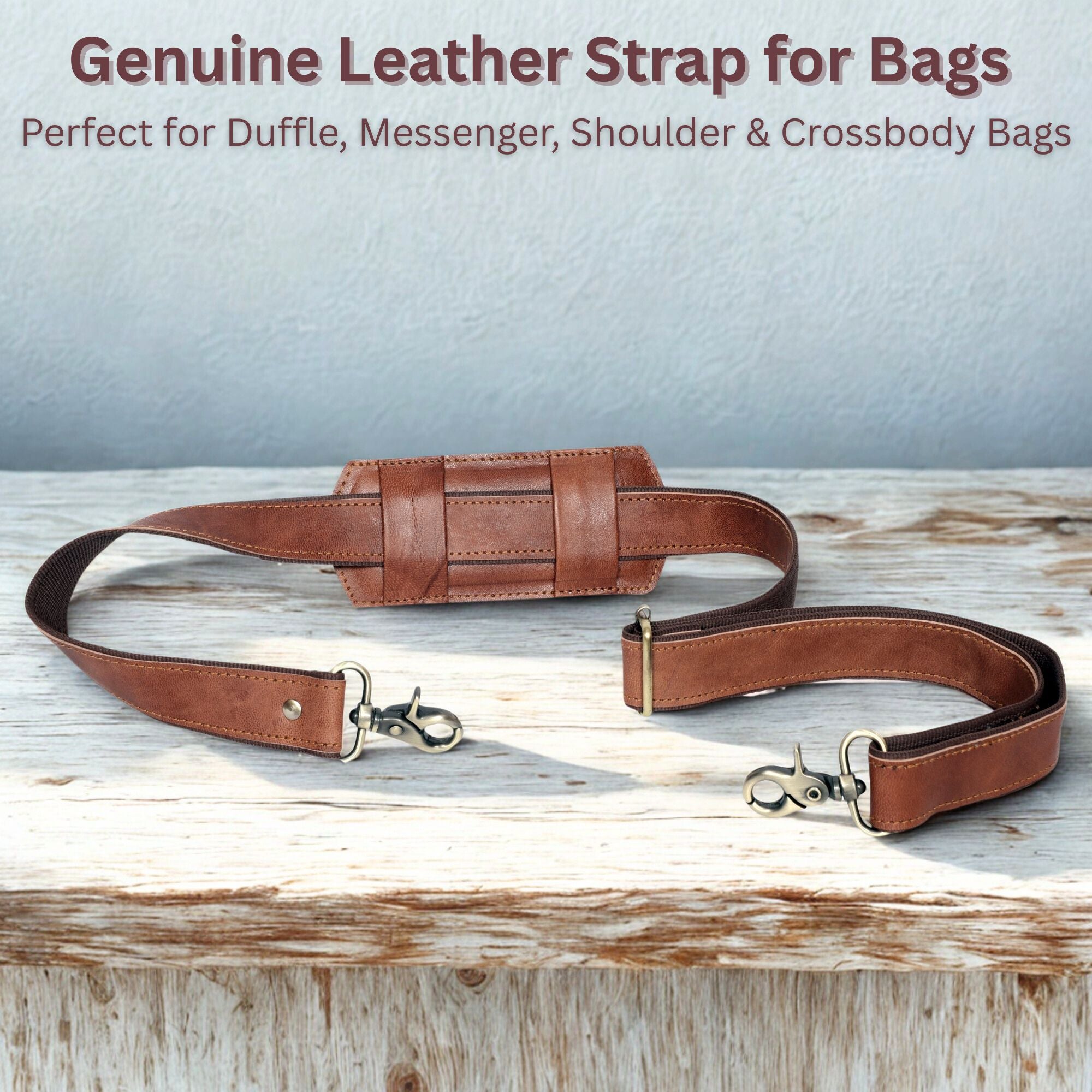 DEKVIO Brown Genuine Leather Replacement Shoulder Strap | Universal Adjustable Crossbody Strap for Duffle, Messenger, Laptop & Briefcase Bags