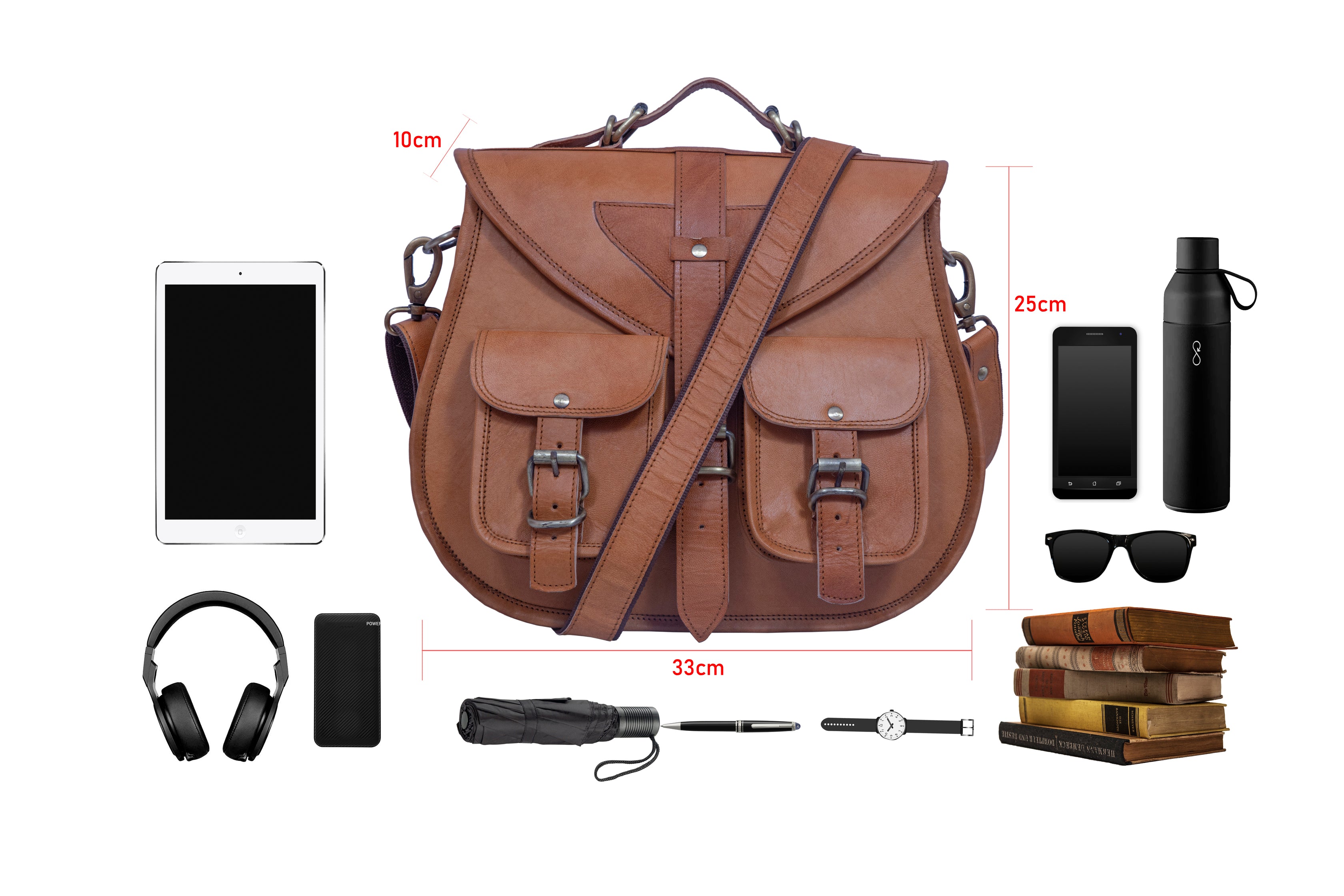 DEKVIO Large Leather Crossbody Handbag Purse for Women | Twin Pocket Full Grain Leather Saddle Bag | Removable Handle | Fits 12" Tablet | Brown, Coffee, Tan, Black