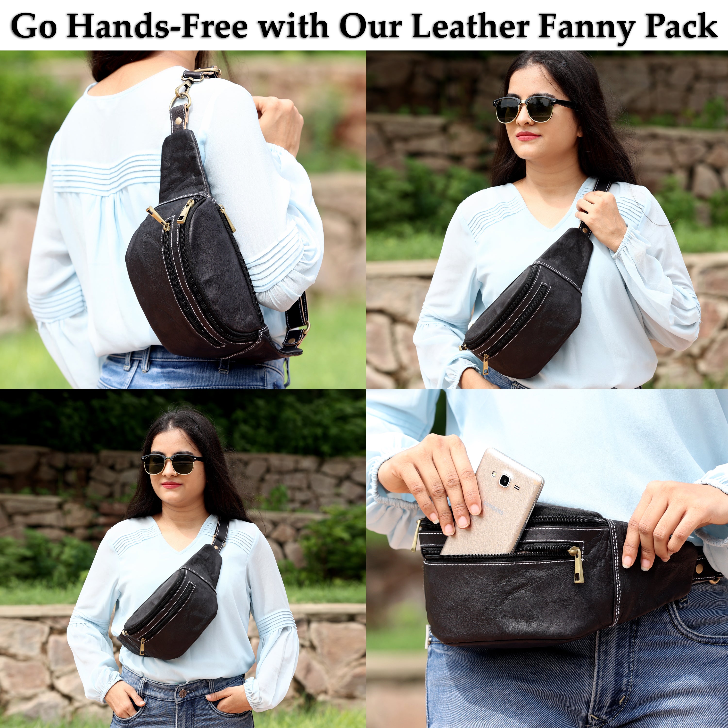 DEKVIO Leather Fanny Pack Belt Bag for Men Women Genuine Leather Waist Bag Crossbody Sling Hands-Free Hip Pack